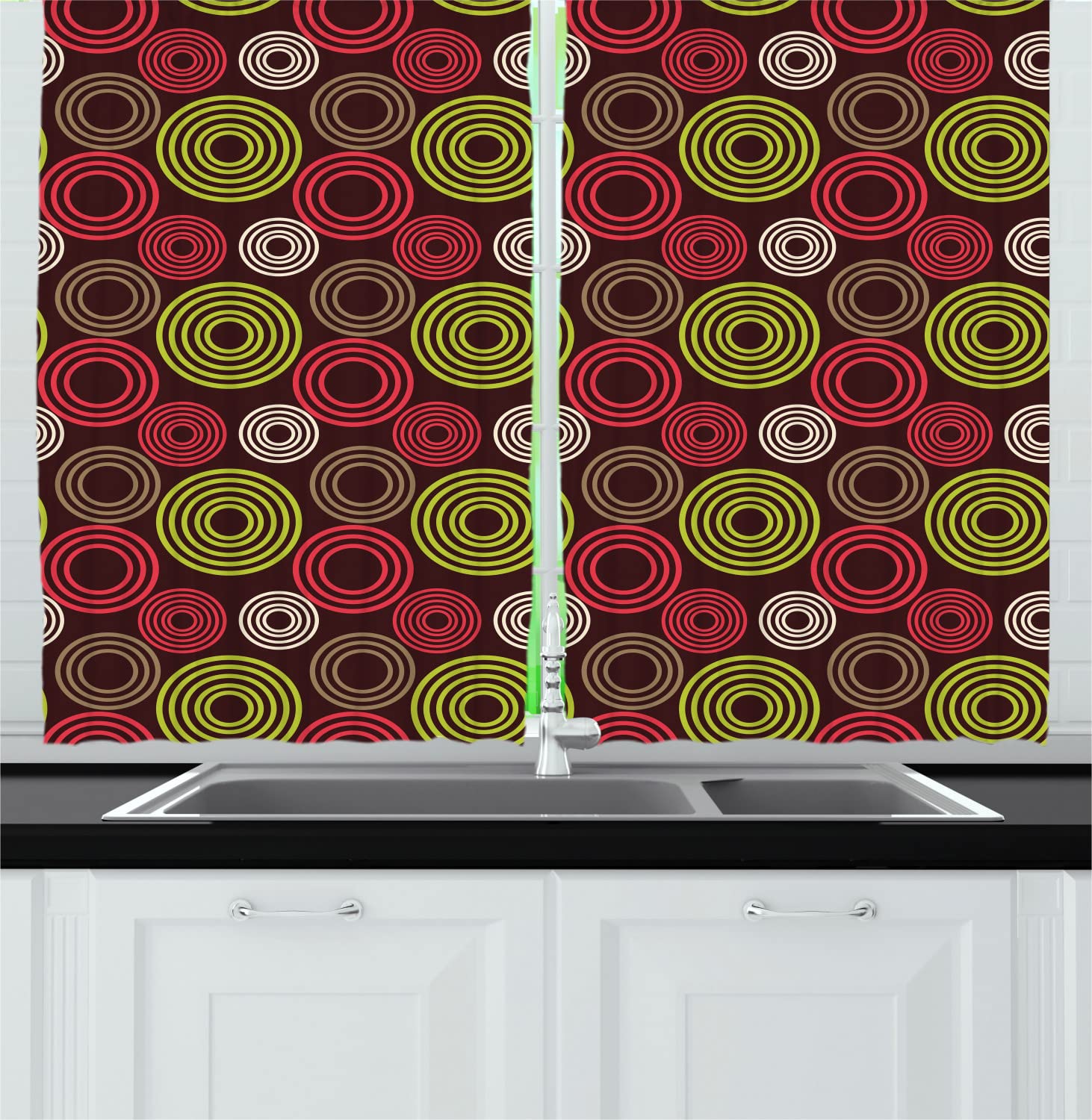 Ambesonne Geometric Long Kitchen Curtains - Colorful Funky Vortex Stripes Design in Lime Green & Dark Brown - 55