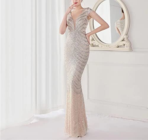 Mordarli Women's V Neck Sequin Prom Dresses 2023 - Crystal Beaded Long Formal Evening Gown for Homecoming, Ball, Wedding & Special Occasions