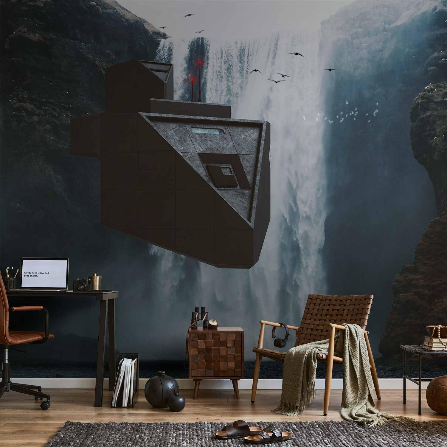 Artgeist Peel and Stick Wall Mural - 173x124 in Abstract Landscape Waterfall & Spaceship Design - Removable Self-Adhesive Wallpaper for Living Room, Bedroom, Office Decor - Large Wall Sticker with Premium Foil Print