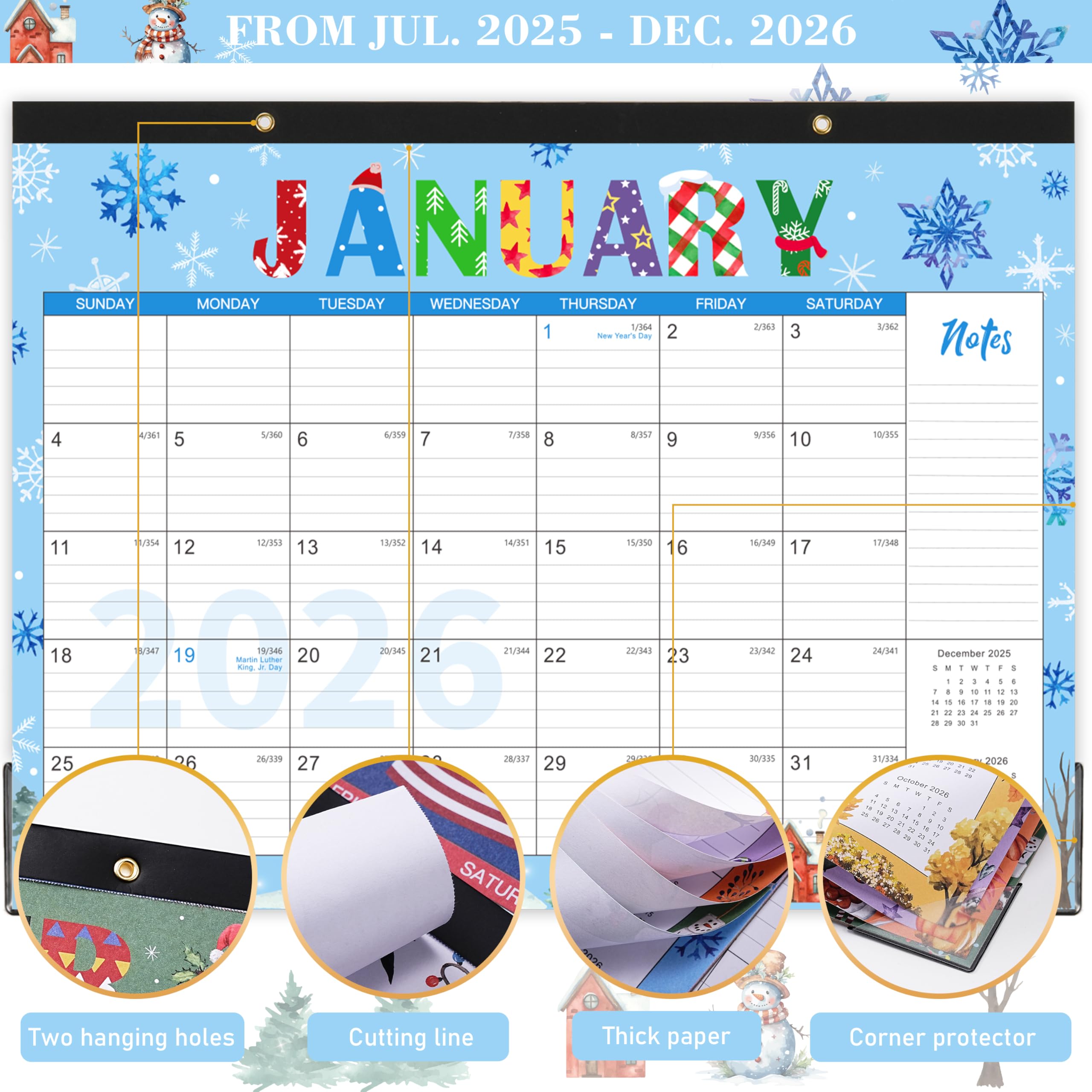 2025-2026 18-Month Wall & Desk Calendar (July 2025 - December 2026) with Protective Corners & Holiday Markings - 12