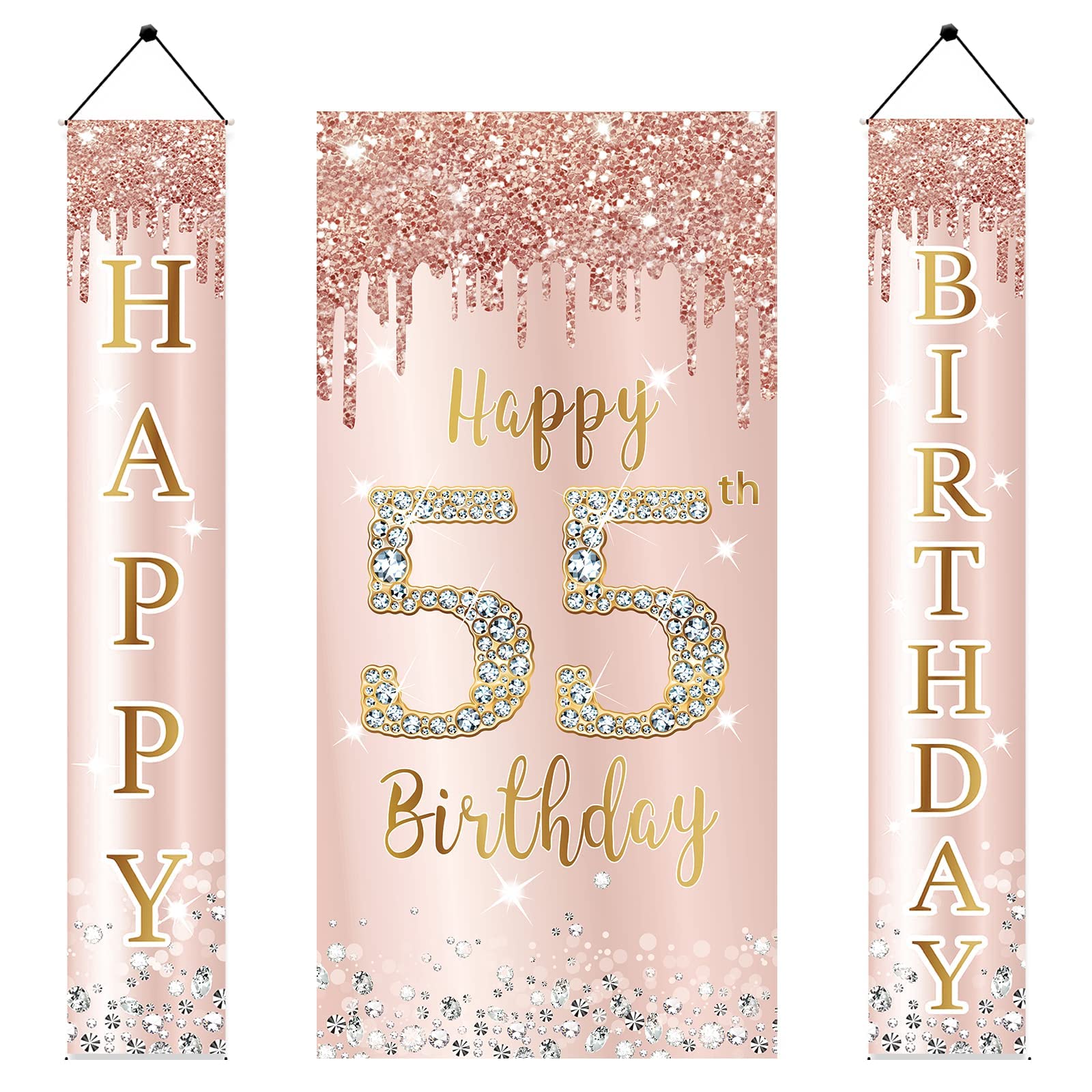 55th Birthday Decorations for Women - Pink Rose Gold Happy Birthday Banner, Backdrop Sign & Porch Party Supplies - Large 55 Year Old Celebration Decor for Milestone Parties, Home Decorations & Outdoor Events