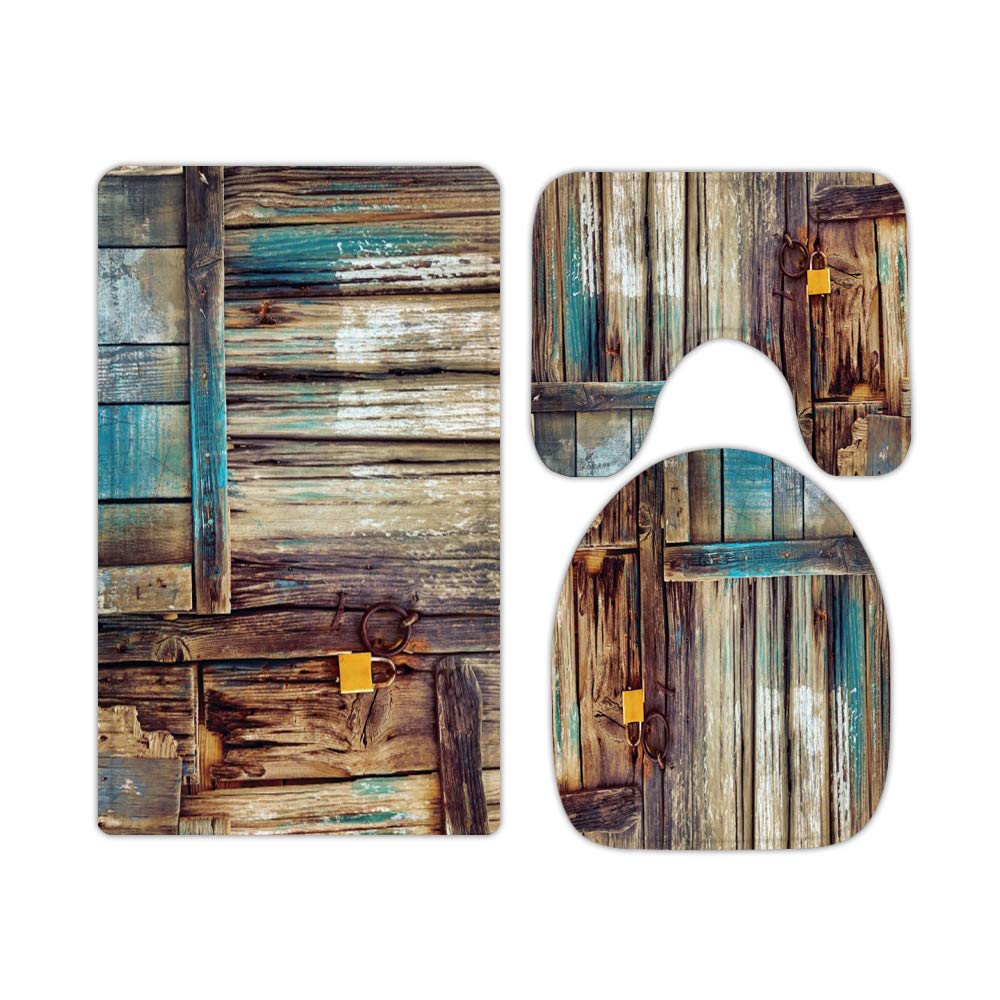 Vintage Rustic Wooden Barn Door Bathroom Rug Set - 3 Piece Non-Slip Memory Foam Bath Mat, U-Shaped Contour Shower Mat & Washable Velvet Toilet Lid Cover - Perfect for Farmhouse, Cottage & Modern Bathrooms