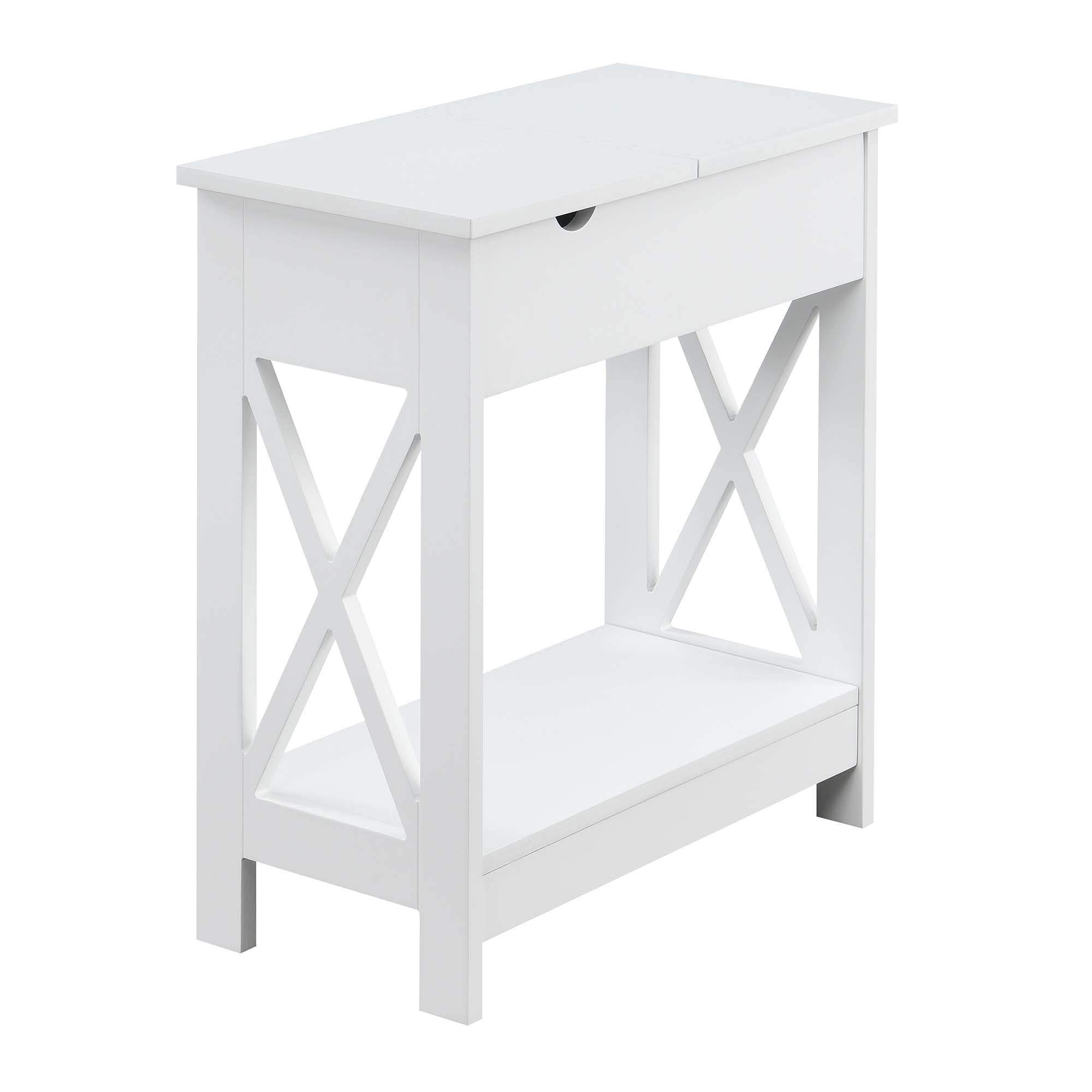 Oxford Flip Top End Table with USB Charging Station & Shelf - White | Modern Side Table for Living Room, Bedroom & Office | Convenience Concepts