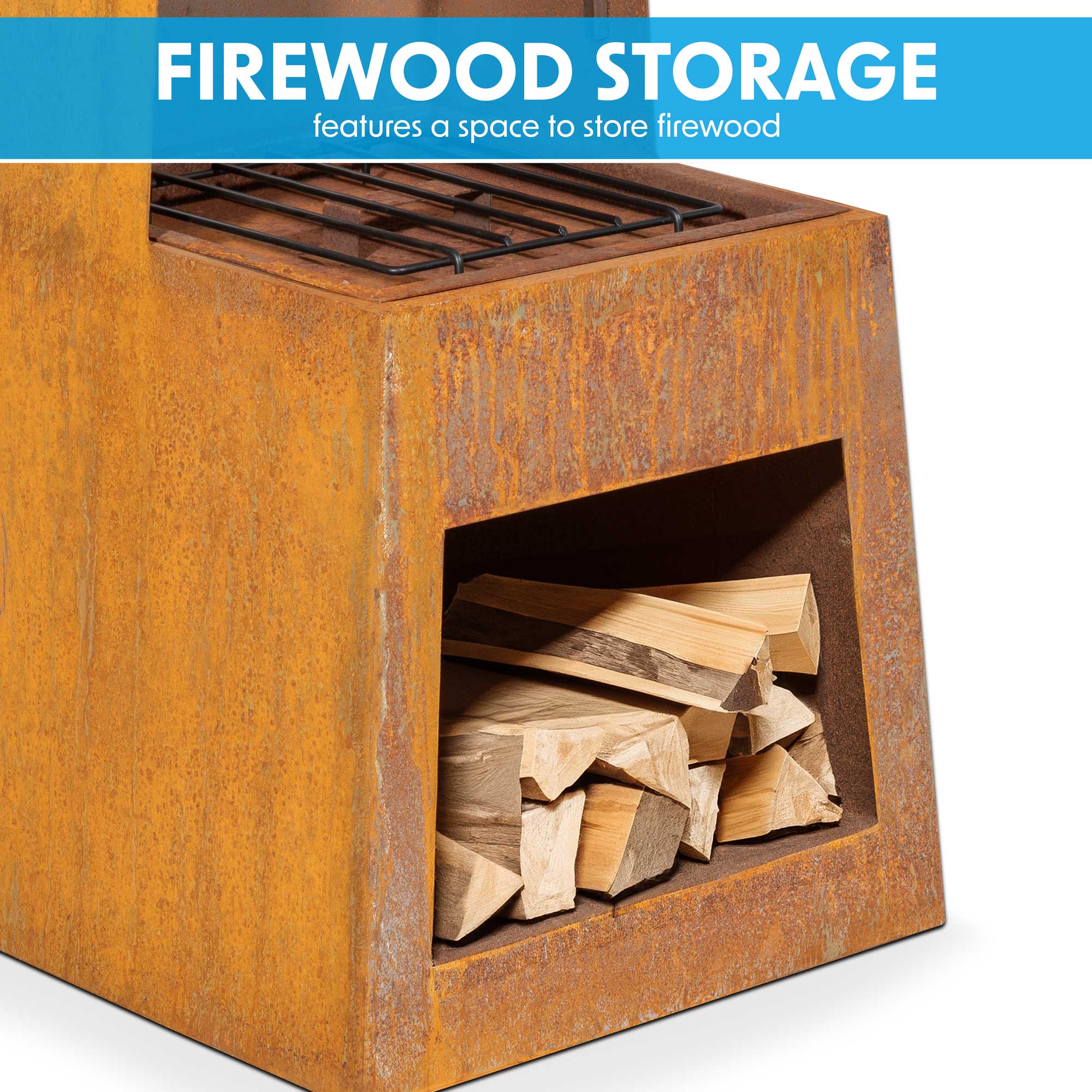 Outdoor Pyramid Chiminea Fire Pit - Corten Steel Fireplace Heater with Firewood Storage (DG108) - Perfect for Patio, Garden, and Backyard Gatherings