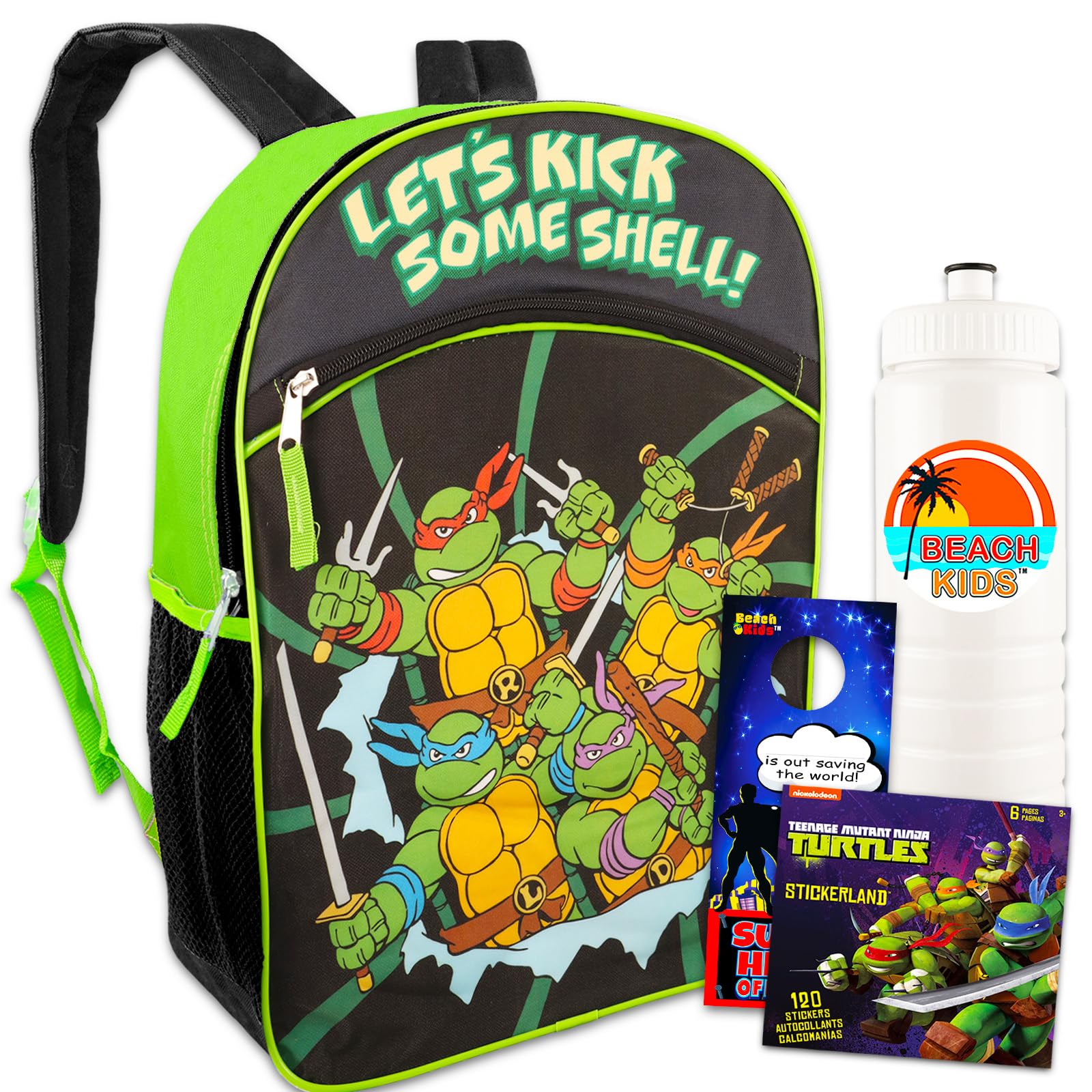 TMNT Backpack Set for Boys - 16” Teenage Mutant Ninja Turtles School Backpack with Water Bottle & Stickers | Durable Kids Backpack for School, Travel & Sports | Official TMNT Merchandise