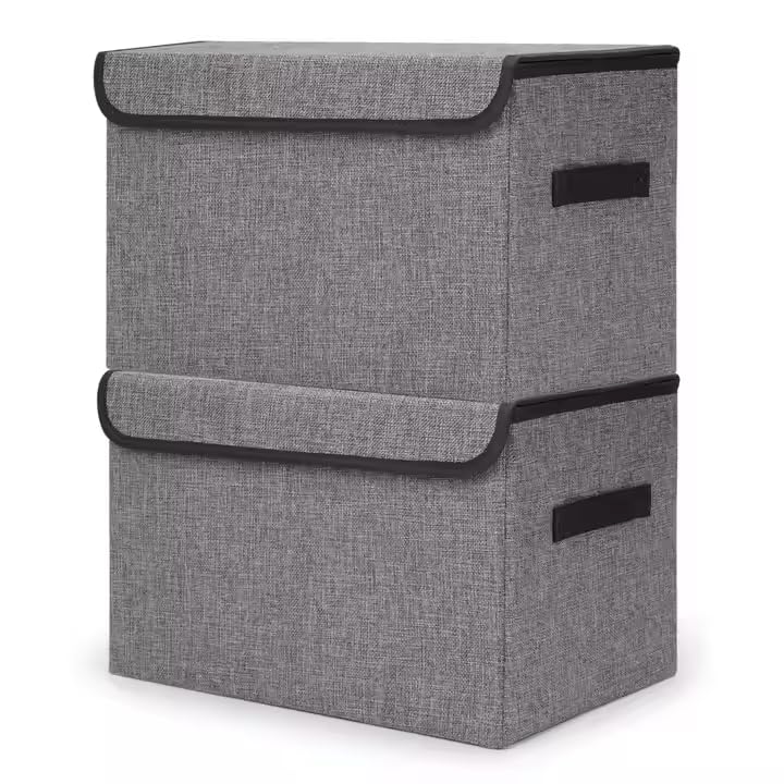 Foldable Stackable Storage Boxes with Lids - 16.7 x 12 x 12 Inch Linen Fabric Organizer Bins for Closet, Bedroom, Nursery & Office Organization