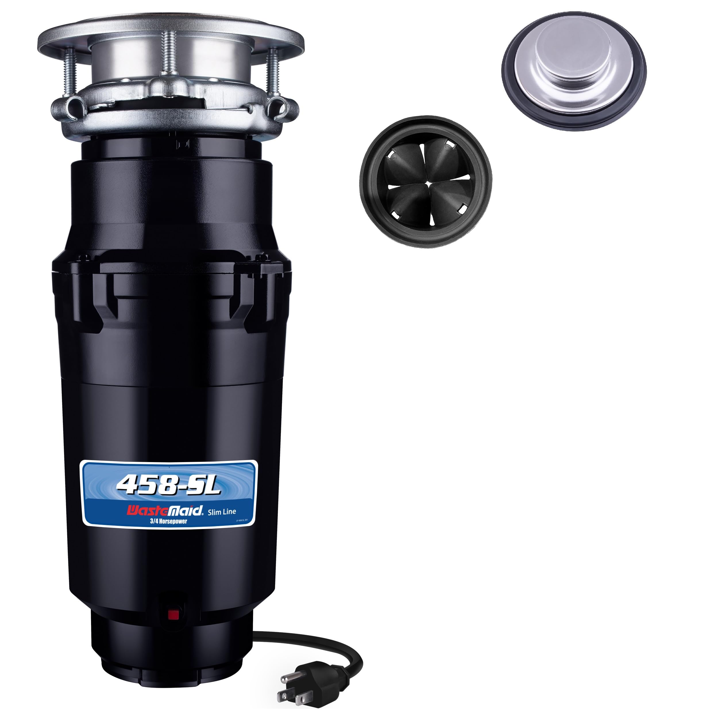 Waste Maid 10-US-WM-458-SL-3B 3/4 HP Slim Line Garbage Disposal - Anti-Jam Stainless Steel Food Waste Grinder System, Black - Perfect for Kitchen Sink Waste Disposal & Septic Systems