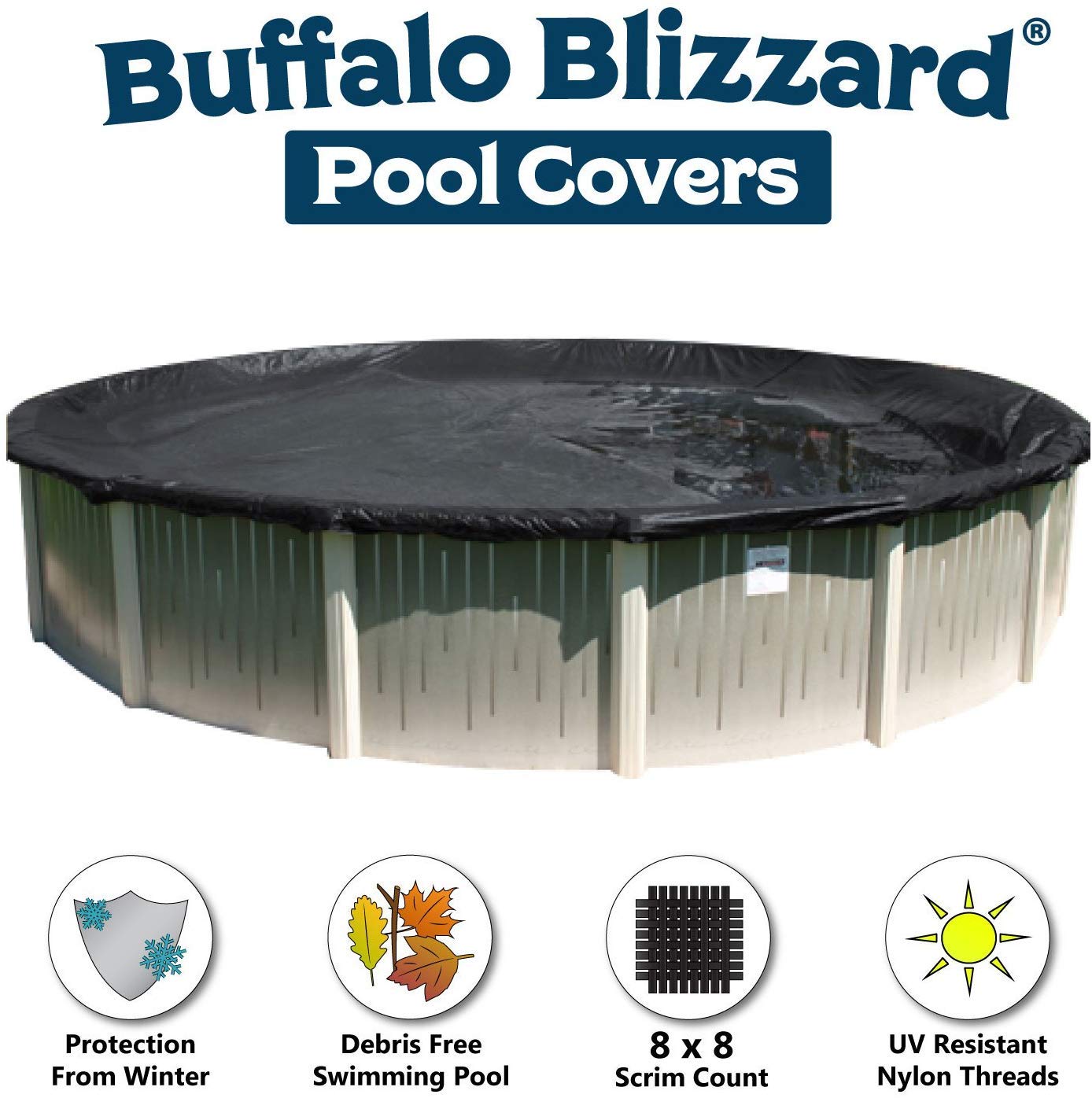 Buffalo Blizzard 33-Foot Round Heavy Duty Winter Pool Cover for Above Ground Swimming Pools - Blue/Black Reversible Design with 3-Foot Extra Material for Secure Installation | All-Season Protection & Winterizing Solution | Perfect for Snow, Ice, and Leaf Protection During Cold Months