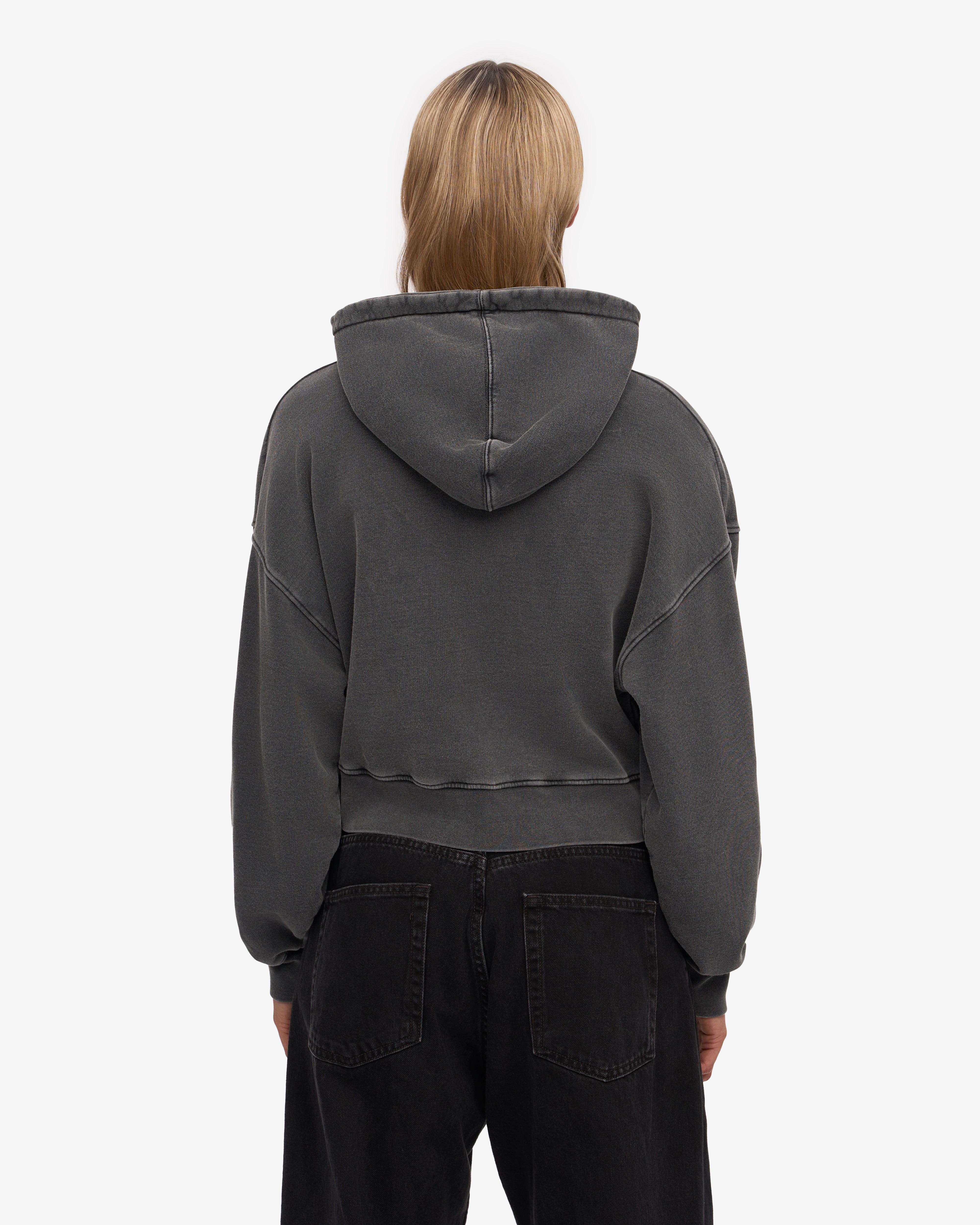 Organic Crop Zip Hoodie for Women - Faded Black Oversized Pullover | Casual Streetwear, Gym, Lounge & Outdoor Activities