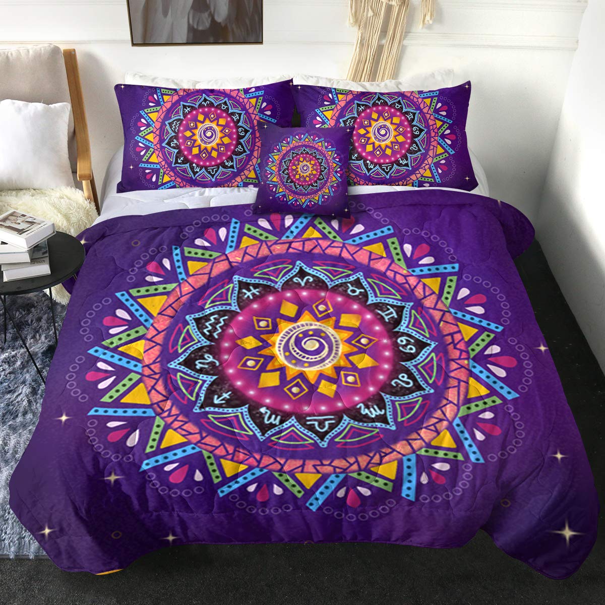 Sleepwish Zodiac Mandala Bohemian Comforter Set 4-Piece - Reversible Purple Boho Abstract Bedding for Queen Size Bed | Perfect for Bohemian Bedroom Decor & Guest Room Styling