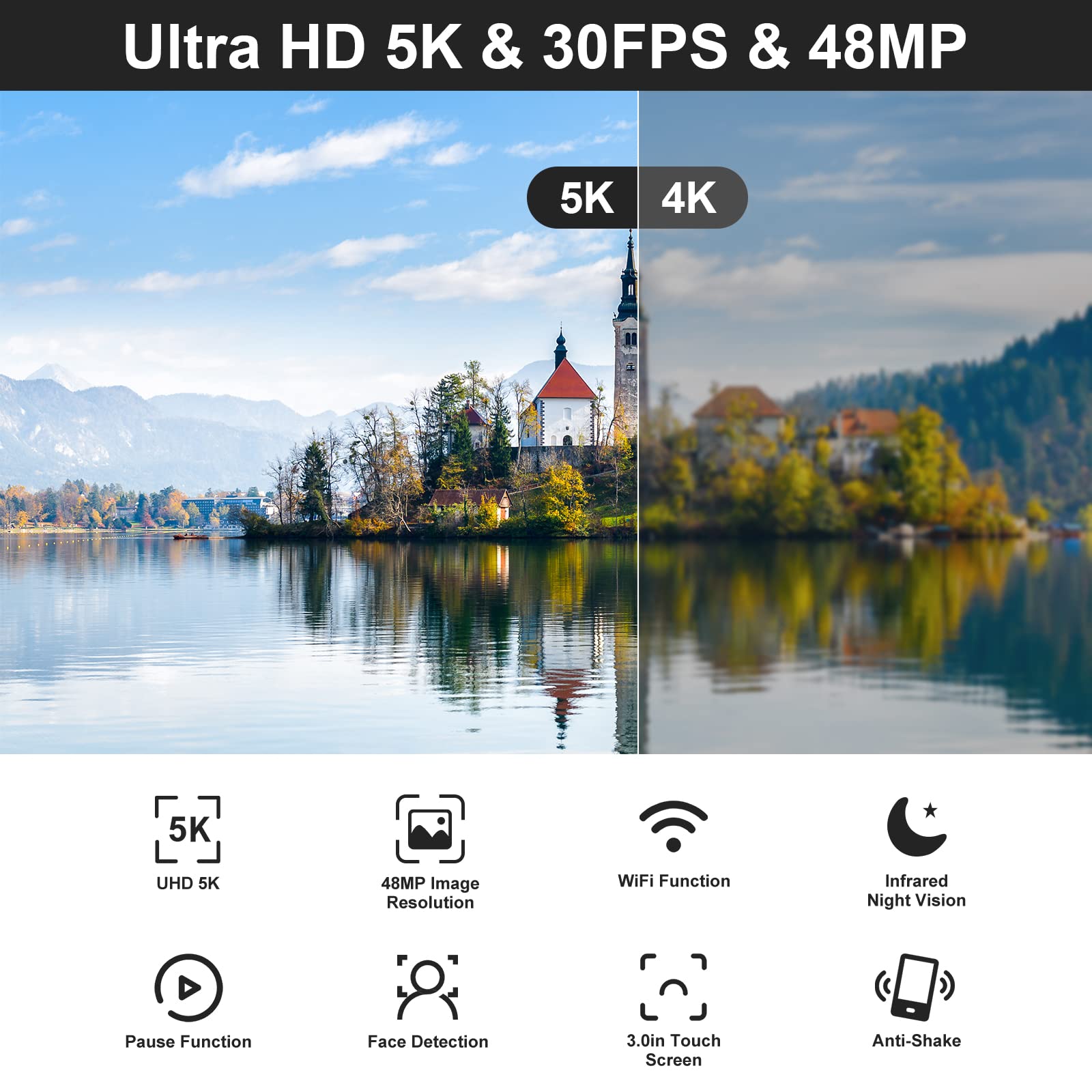5K Ultra HD Video Camera Camcorder - 48MP WiFi Vlogging Camera with IR Night Vision, 16X Digital Zoom & Touch Screen - Perfect for YouTube, Travel Vlogging & Live Streaming - Includes External Mic, Lens Hood, Stabilizer, Remote & 2 Batteries