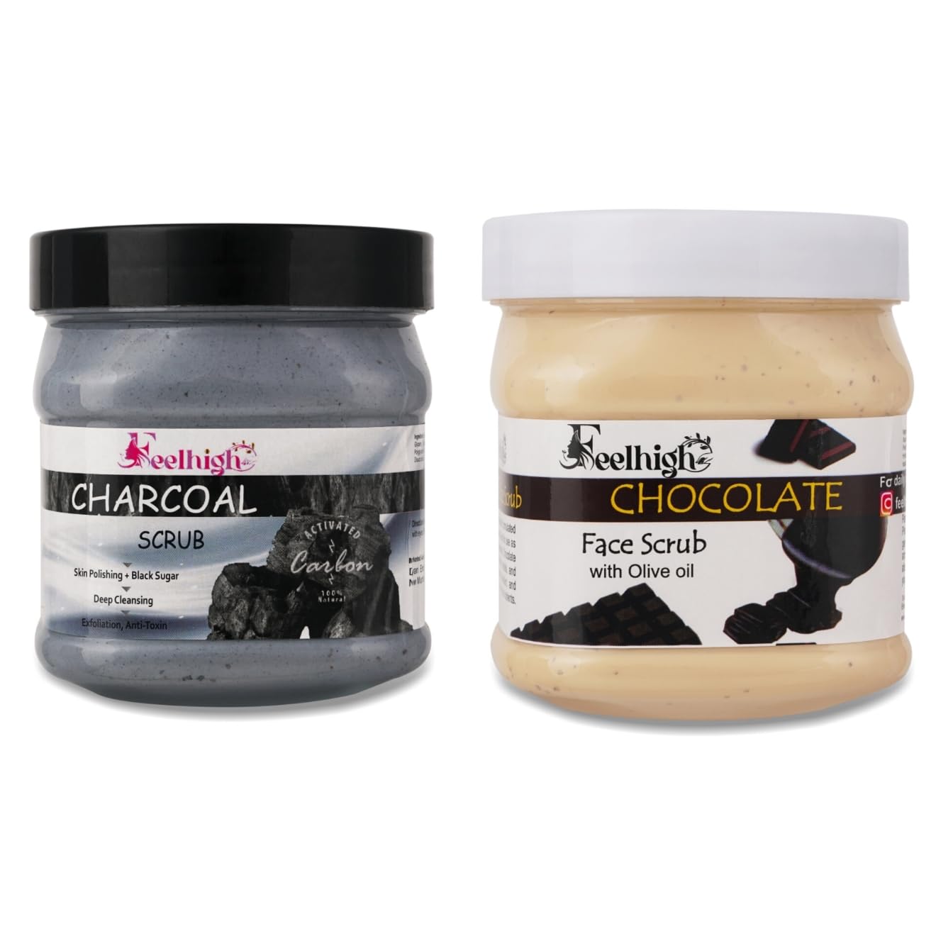 Feelhigh Charcoal Deep Cleansing Scrub & Chocolate Body Scrub for Smooth Skin (500ml Each) - Detox & Exfoliate for Glowing Complexion | Perfect for Spa Day & Self-Care Routine
