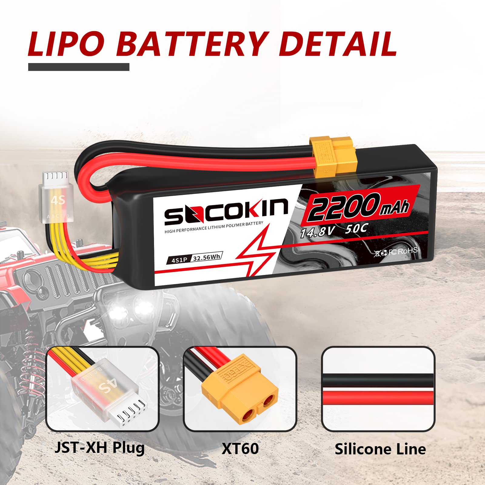 4S Lipo Battery 2200mAh 14.8V 50C with XT60 Plug - High Performance RC Battery for Drones, Airplanes, Cars & Boats (2 Pack) - Perfect for FPV Racing, Aerial Photography and RC Hobbyists