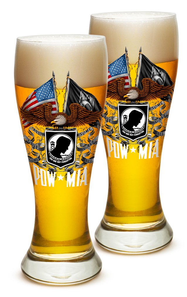 Erazor Bits Pilsner Beer Glasses - Patriotic American Soldier Veterans Gifts for Men & Women - Double Flag Eagle POW Barware Set of 24 (23 Oz) - Perfect for Military Appreciation Events, Home Bars, and Patriotic Parties