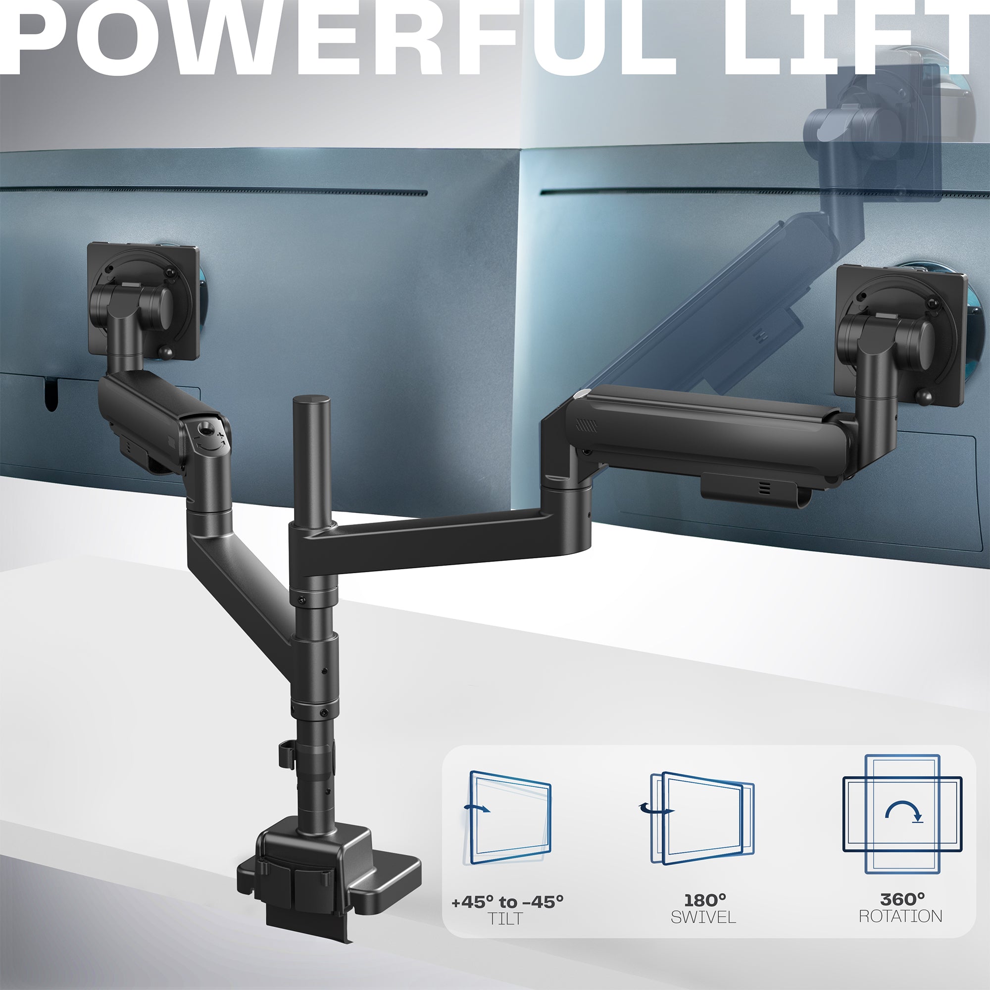 Dual Monitor Stand for 13-57 Inch Ultrawide Screens - Pneumatic Arm Desk Mount for Home & Office Workspace - Ergonomic Adjustable Computer Monitor Mount for Gaming & Productivity Setup