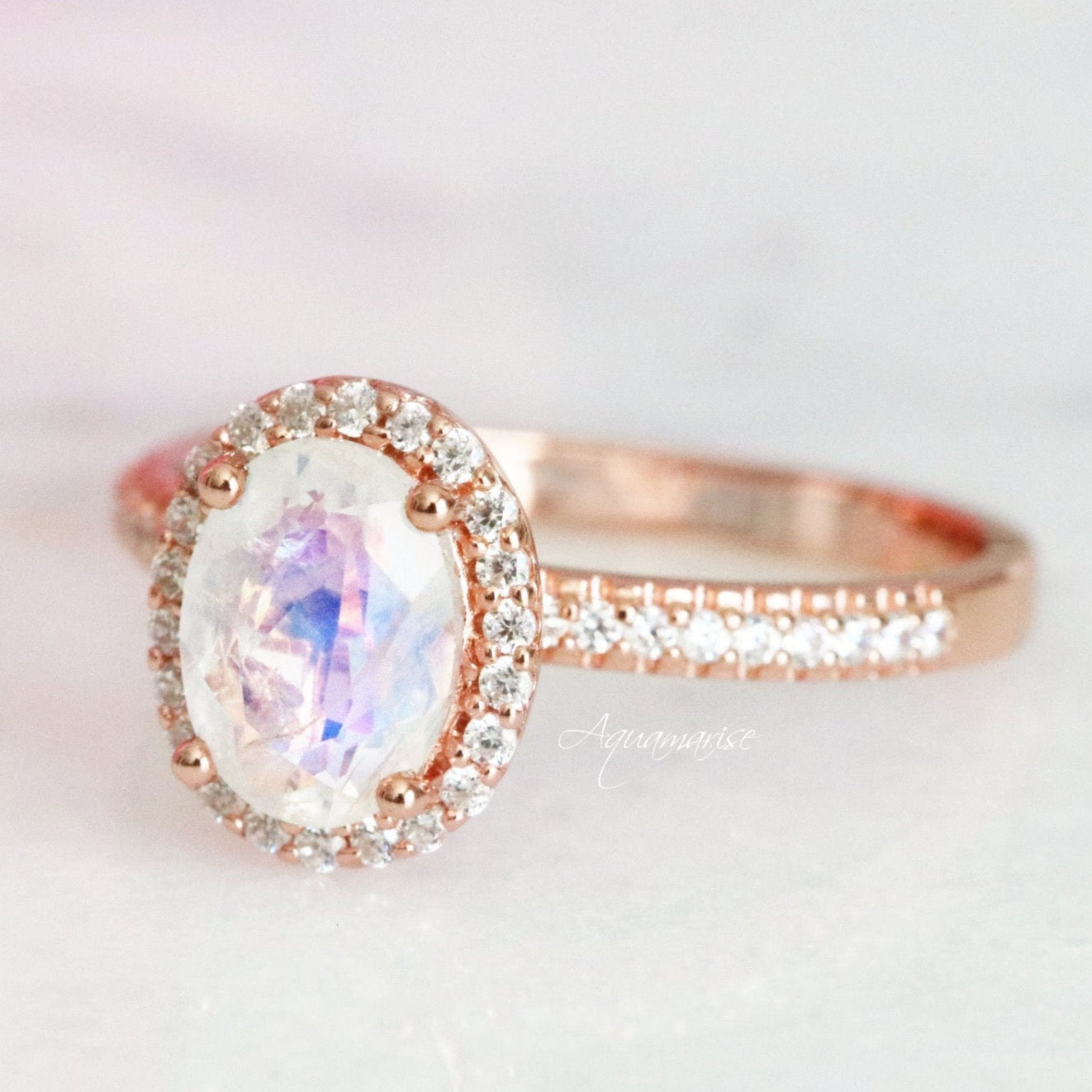 14K Rose Gold Vermeil Iris Rainbow Moonstone Ring - Elegant Jewelry for Women, Perfect for Weddings, Parties & Gifts