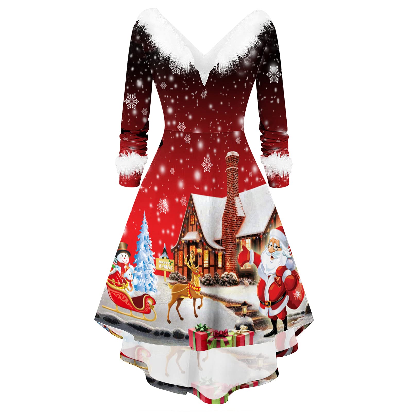 Jsarle Plus Size Christmas Party Dresses for Women - Elegant Long Sleeve Furry V-Neck Swing Maxi Dress for Wedding Guest, Cocktail Party & Holiday Events
