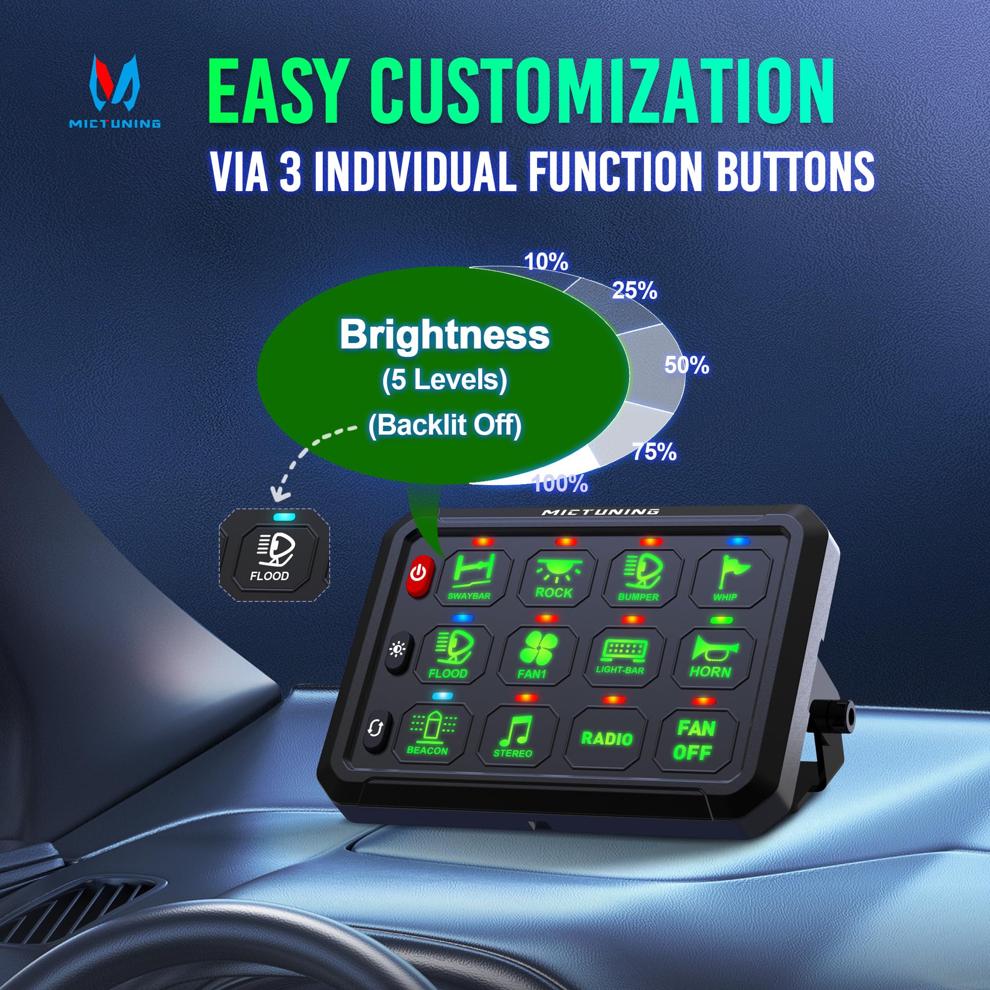 MICTUNING P1B 12 Gang Switch Panel - Multifunction Toggle Momentary Flash Strobe Pulsed with Backlit Off Switch Pod - On/Off Circuit Control Relay Box for Car, Truck, ATV, Off-Road & Marine Vehicles - Perfect for Off-Roading, Camping & Emergency Lighting - Green
