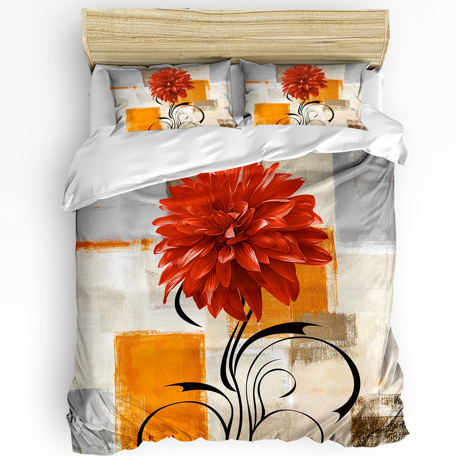 Royalreal Twin Duvet Cover Set - Abstract Dalia Print Orange Comforter Cover with 2 Pillowcases, Soft Bedding Set for Teens, Kids & Adults | Perfect for Modern Bedrooms, Guest Rooms & Dorm Decor