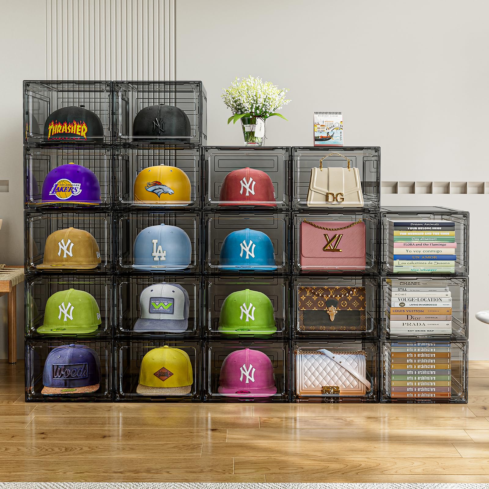 6-Pack Clear Plastic Hat Organizer Box for Baseball Caps & Snapbacks - Magnetic Door Storage Case Holds 8 Hats Each - Closet Hat Rack & Display Solution for Home, Office, or Retail Store Organization