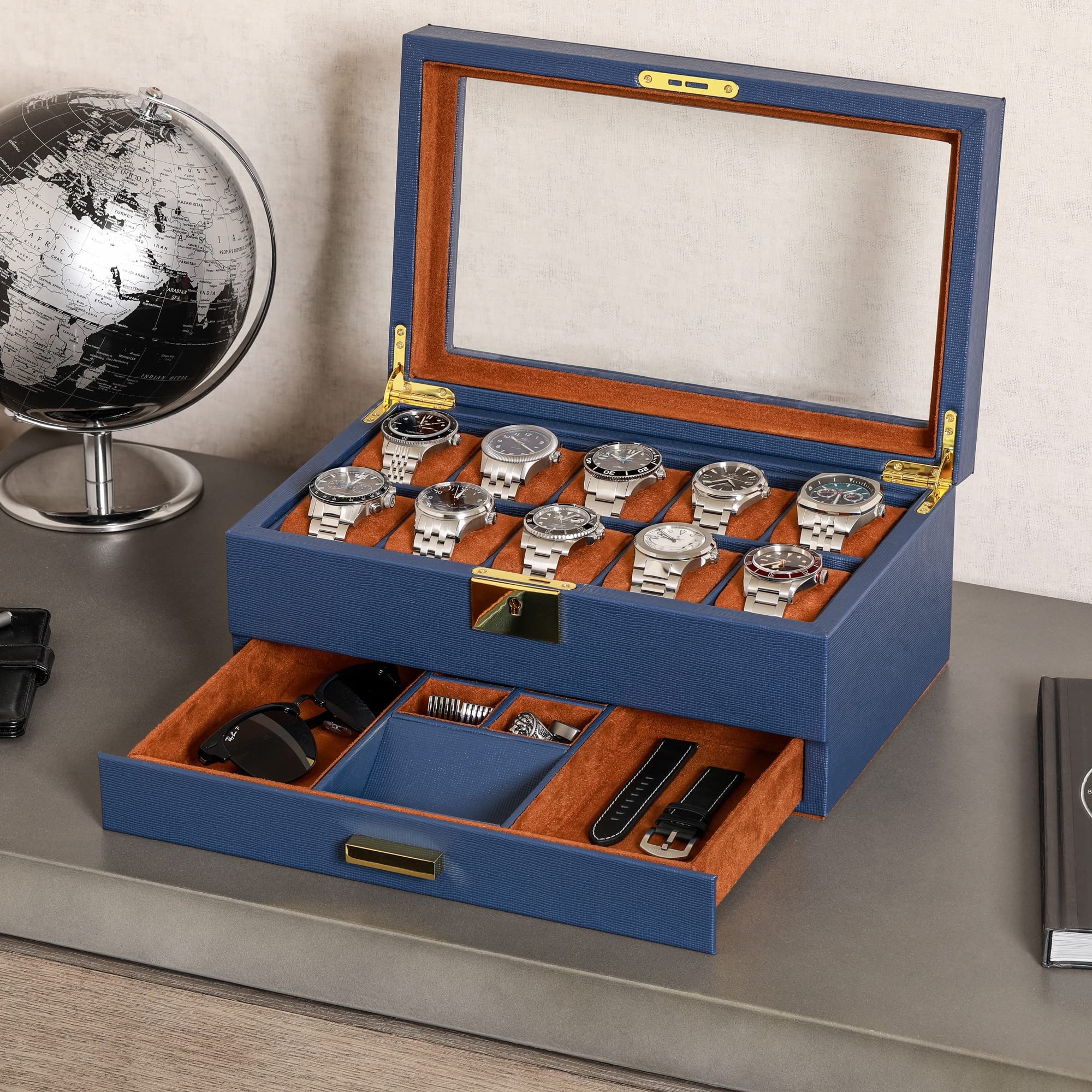 Premium ROTHWELL 10-Slot Leather Watch Box with Valet Drawer - Luxury Watch Case Organizer with Soft Microsuede Liner, Jewelry & Sunglass Storage - Large Glass Top Display (Blue/Tan) - Perfect for Watch Collectors, Travel & Gift Giving