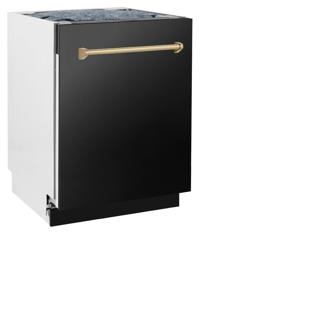 ZLINE Autograph Edition 24 Inch Black Stainless Steel Dishwasher with Champagne Bronze Handle - 3rd Rack & Top Control Panel - Ultra Quiet 51dBa - Perfect for Modern Kitchens & Open Concept Homes (Model DWVZ BS 24 CB)
