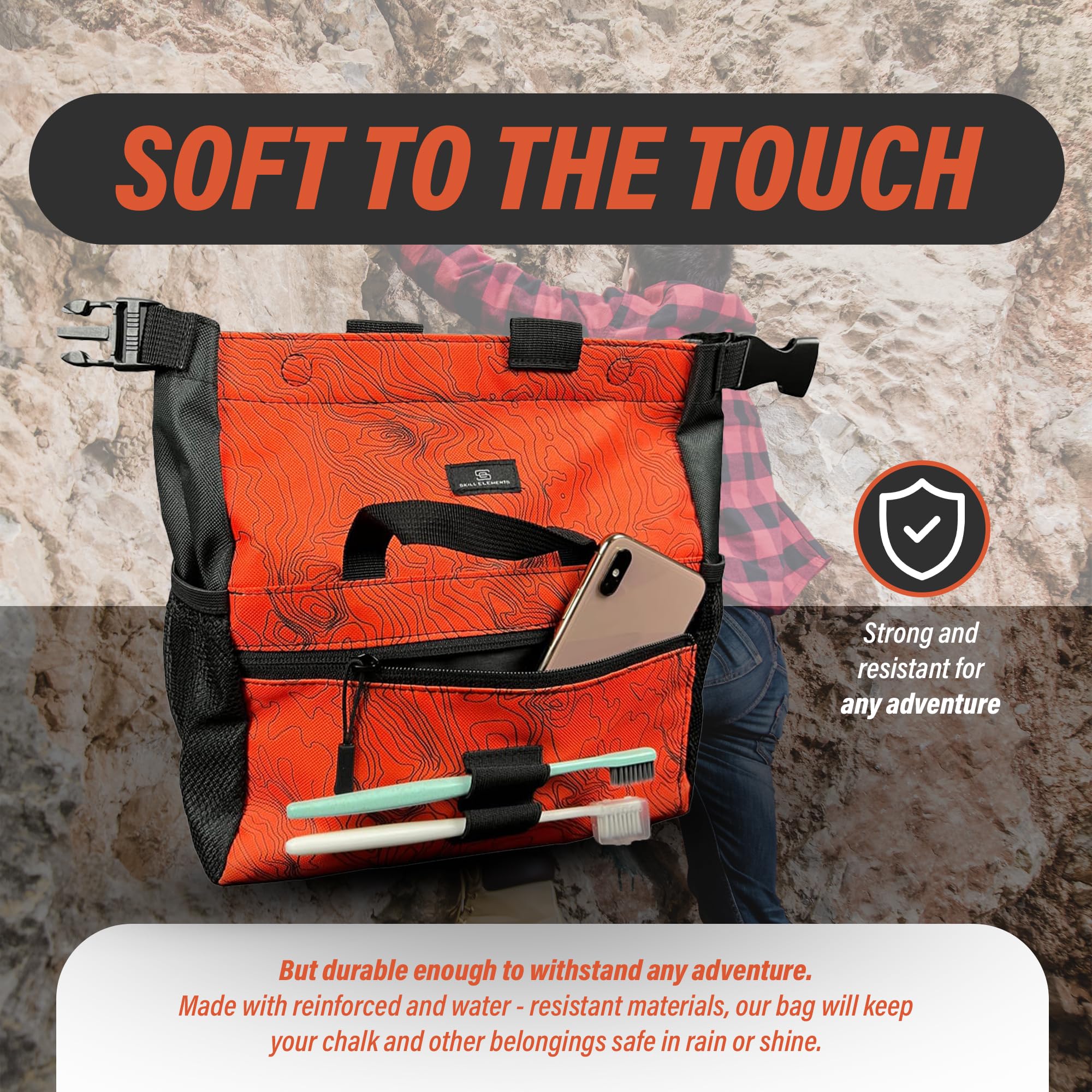 Premium Chalk Bucket for Rock Climbing & Bouldering - Large Magnetic Closure Chalk Bag with 2 Zippered Pockets, 2 Side Pockets & 4 Brush Holders - Ideal for Indoor Gym Training & Outdoor Climbing Adventures
