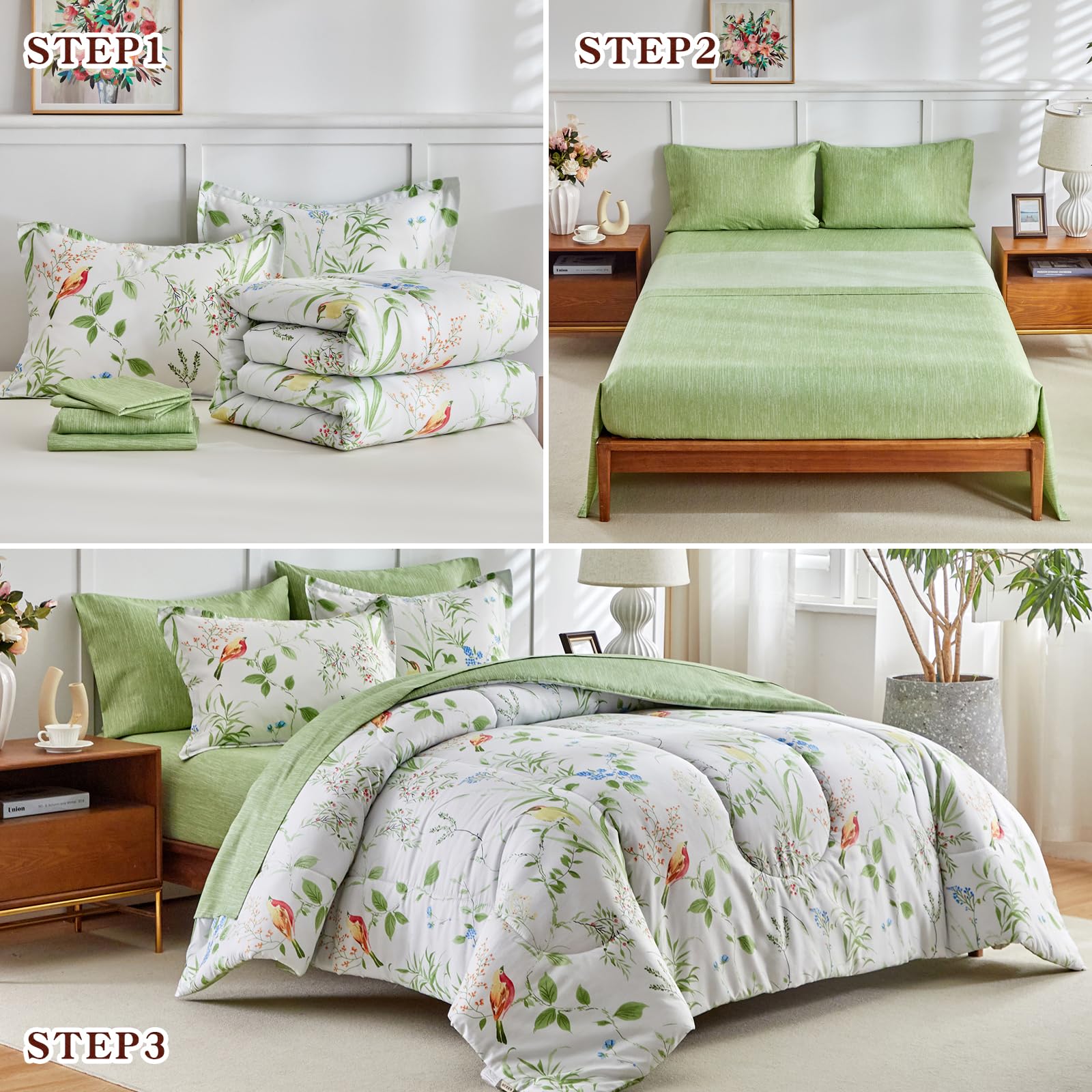 Joyreap 6-Piece Twin Bed in a Bag Set - Floral Comforter & Sheet Set with Green Leaves & Colorful Birds on White Design | All-Season Microfiber Bedding for Kids, Teens & Guest Rooms | Soft, Breathable & Easy Care