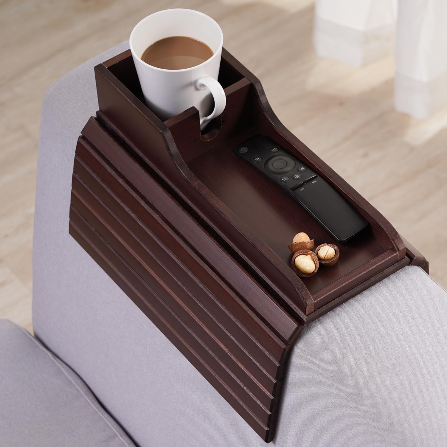 GEHE Bamboo Couch Cup Holder - Anti-Spill Drink Tray for Sofa Armrest | Natural Wood Snack & Remote Control Organizer | Perfect for Beer, Coffee, TV Watching & Relaxing at Home