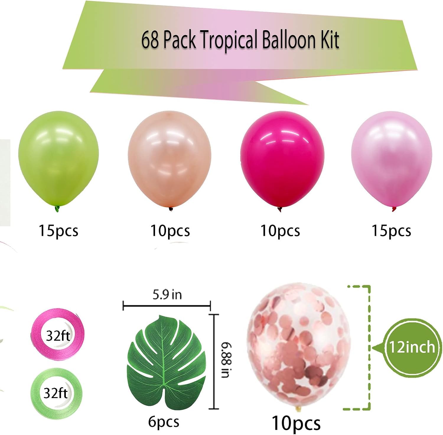68-Piece Tropical Hawaiian Party Decorations Set - Palm Leaves, Balloons for Luau, Summer, Aloha, Moana, Tiki Birthday & Baby Shower - Perfect for Beach Themed Parties, Hawaiian Luaus & Tropical Celebrations
