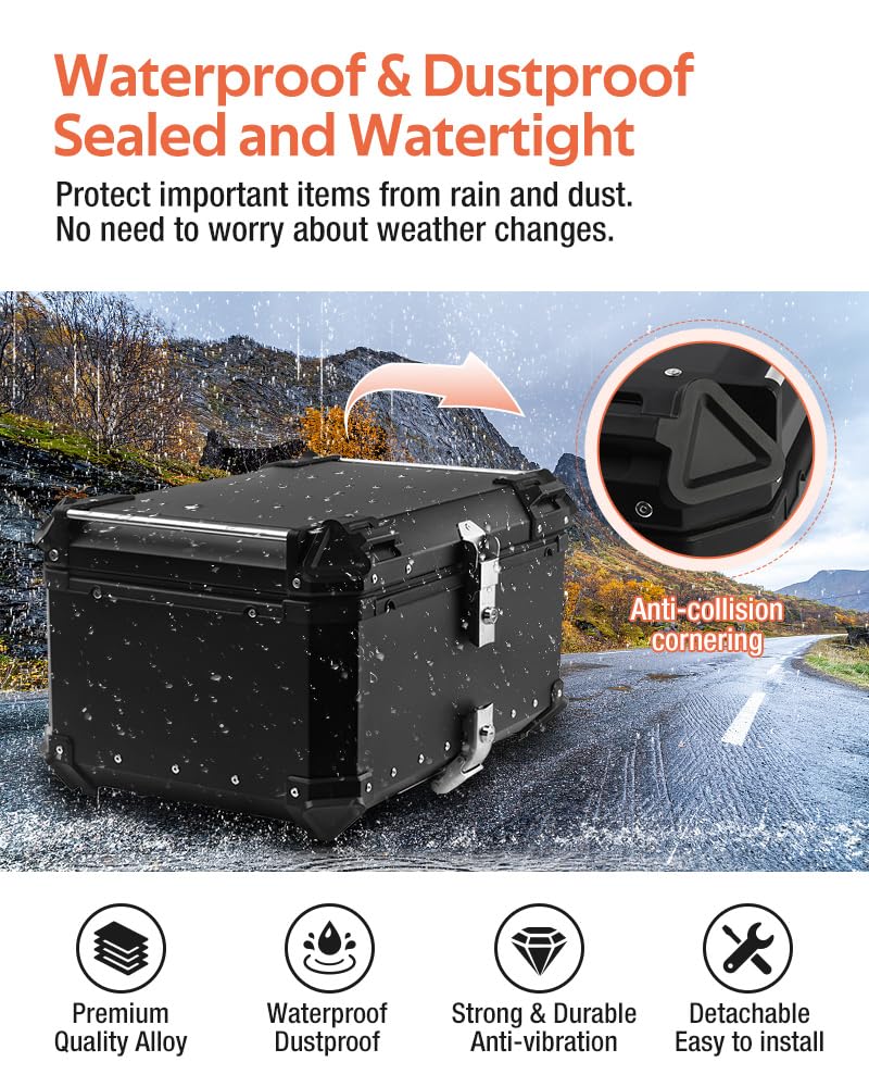 65L Aluminum Motorcycle Top Case - Waterproof, Rustproof & Dustproof Motorcycle Trunk with Anti-Theft Lock System & Universal Bracket - Easy Installation for Secure Storage - Perfect for Commuting, Touring & Adventure Riding (Black)