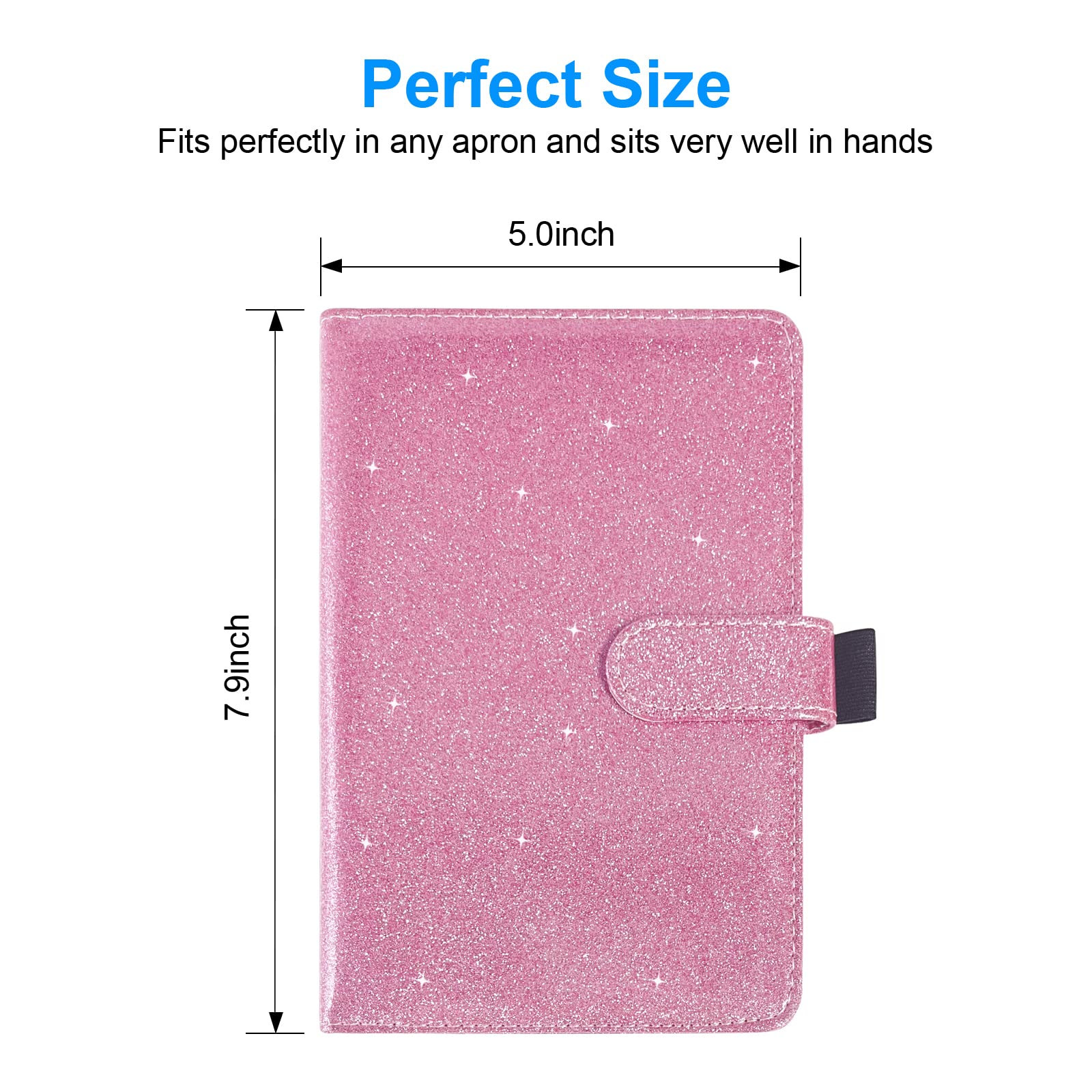 Leather Waiter Book Organizer with Zipper Pocket - Bling Waitress Money Wallet & Pen Holder - Restaurant Server Book for Waitress - Glitter Pink - Perfect for Restaurant Staff, Waiters, and Hospitality Professionals