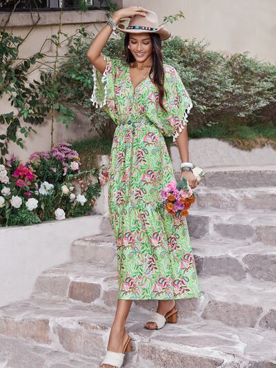 Boho Midi Dress with Tassel Sleeves - Flowy Beach Resort Dress for Women, Perfect for Vacation, Summer Parties & Tropical Getaways