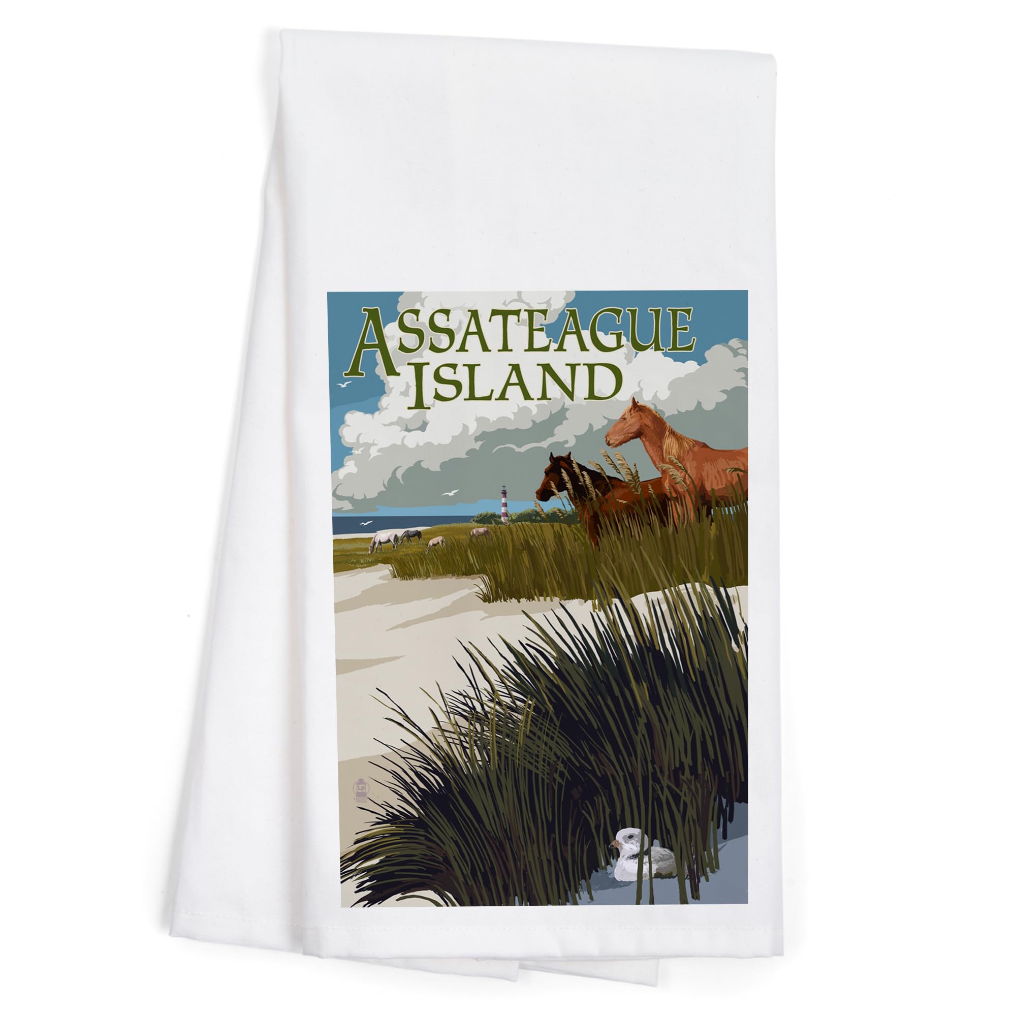 Lantern Press Assateague Island Virginia Horses and Dunes 100% Cotton Tea Towel - Decorative Hand Towel for Kitchen, Home Decor, and Coastal Themed Spaces