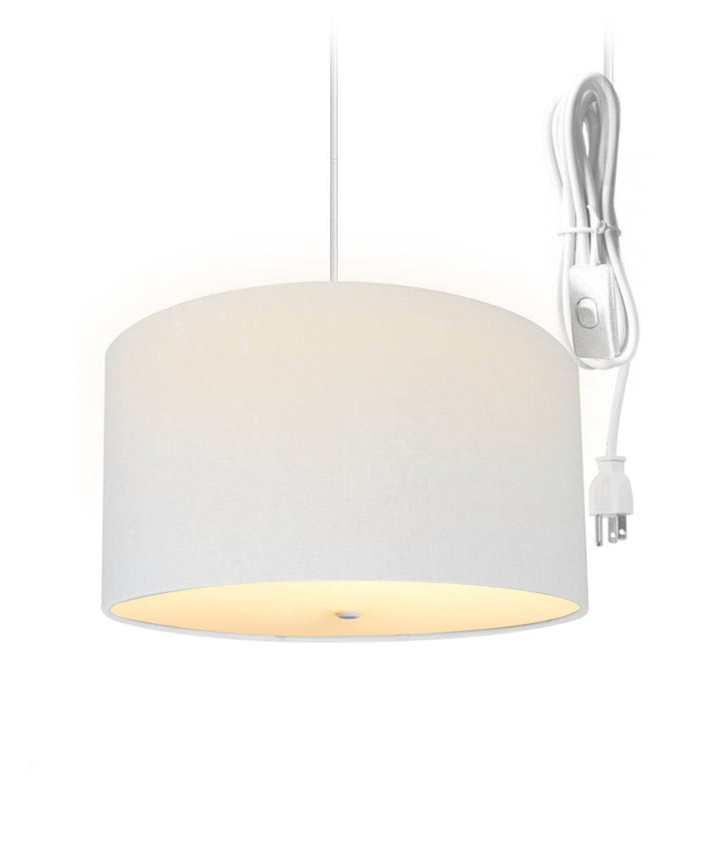 16W 2-Light Plug-In Swag Pendant Light with White Linen Drum Shade & Diffuser - Adjustable White Cord for Bedroom, Kitchen, or Dining Room Lighting