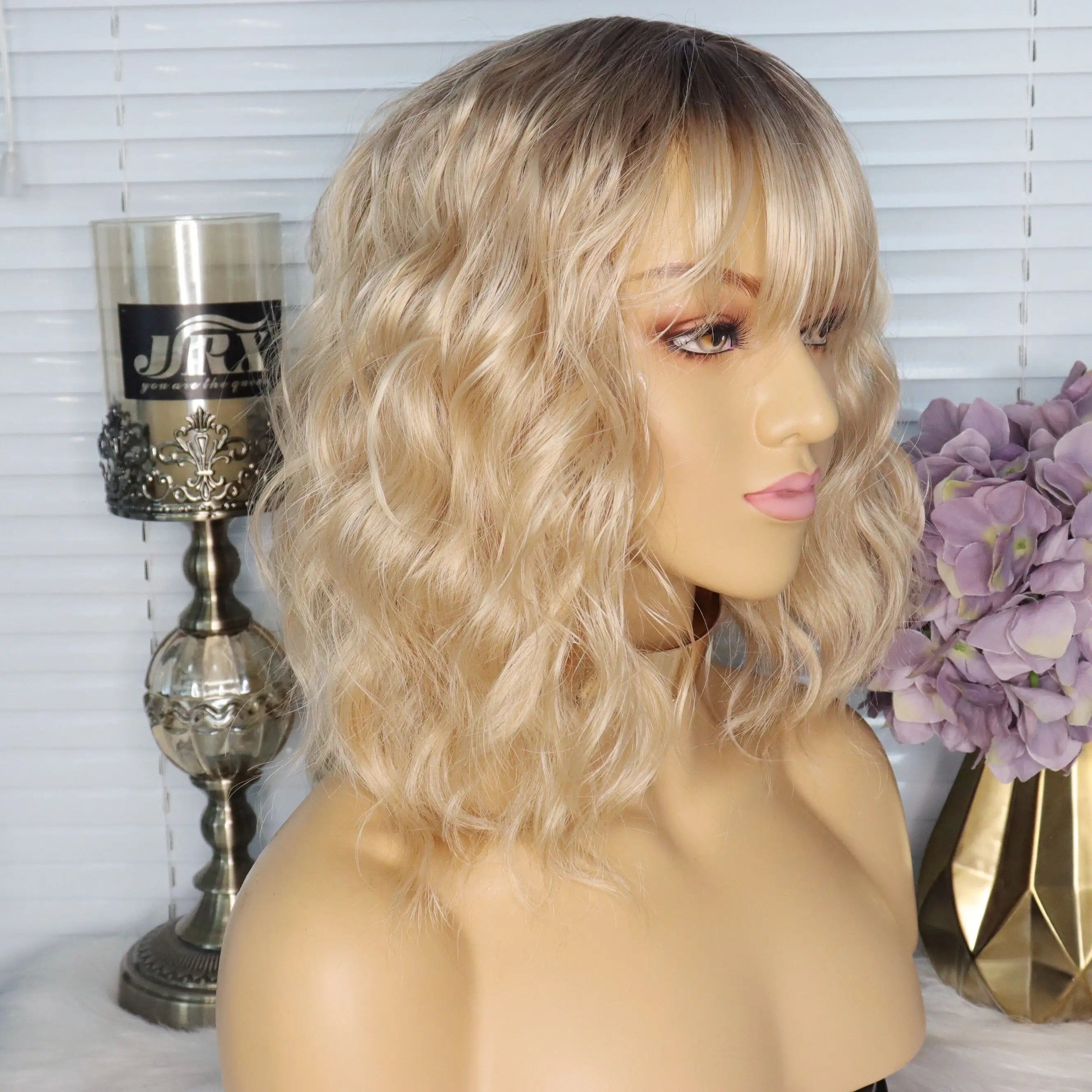 Delila Ombre Blonde Wavy Hair Bob Wig With Bangs - Natural Looking Synthetic Hairpiece for Women, Perfect for Cosplay, Halloween, Parties & Daily Wear