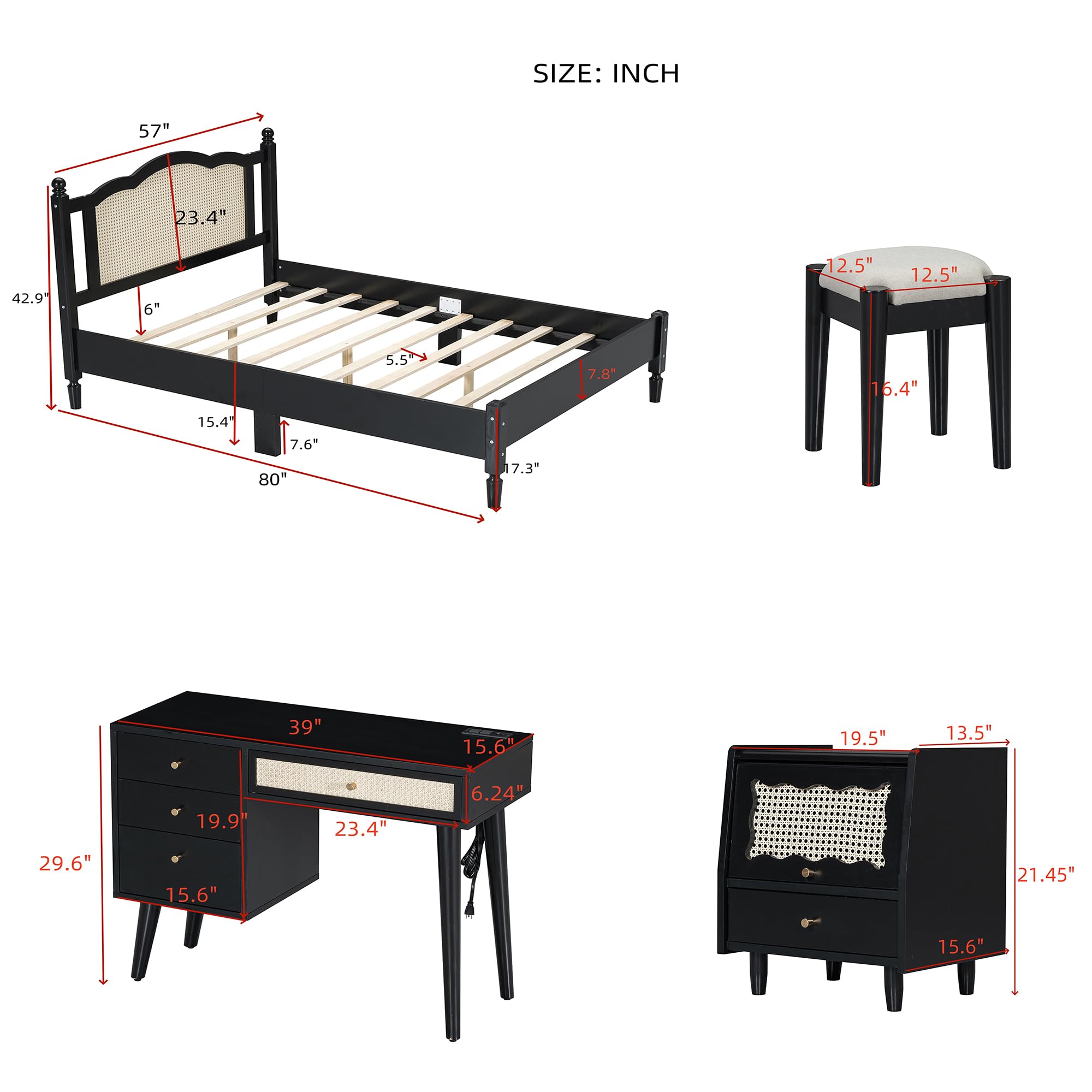 HABITRIO 3-Piece Full Size Bedroom Set - Platform Bed Frame, Nightstand & Makeup Vanity with Stool in Black | Modern Bedroom Furniture for Small Spaces, Guest Rooms & Apartments