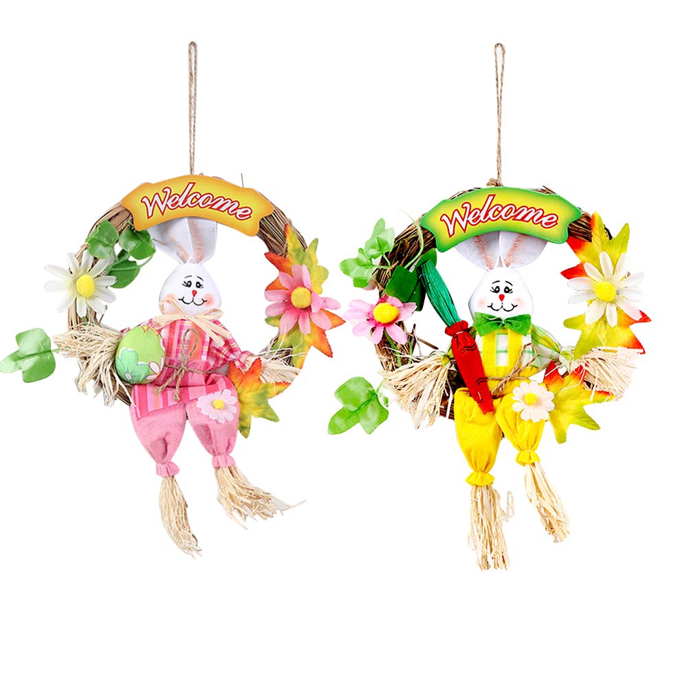 Amosfun Easter Home Decor - 2 Pack Rattan Garland with Floral Scarecrow Hanging Decoration for Easter, Spring & Farmhouse Decor (Pink/Yellow) - Perfect for Easter Party, Spring Wreath, Mantel & Wall Decor