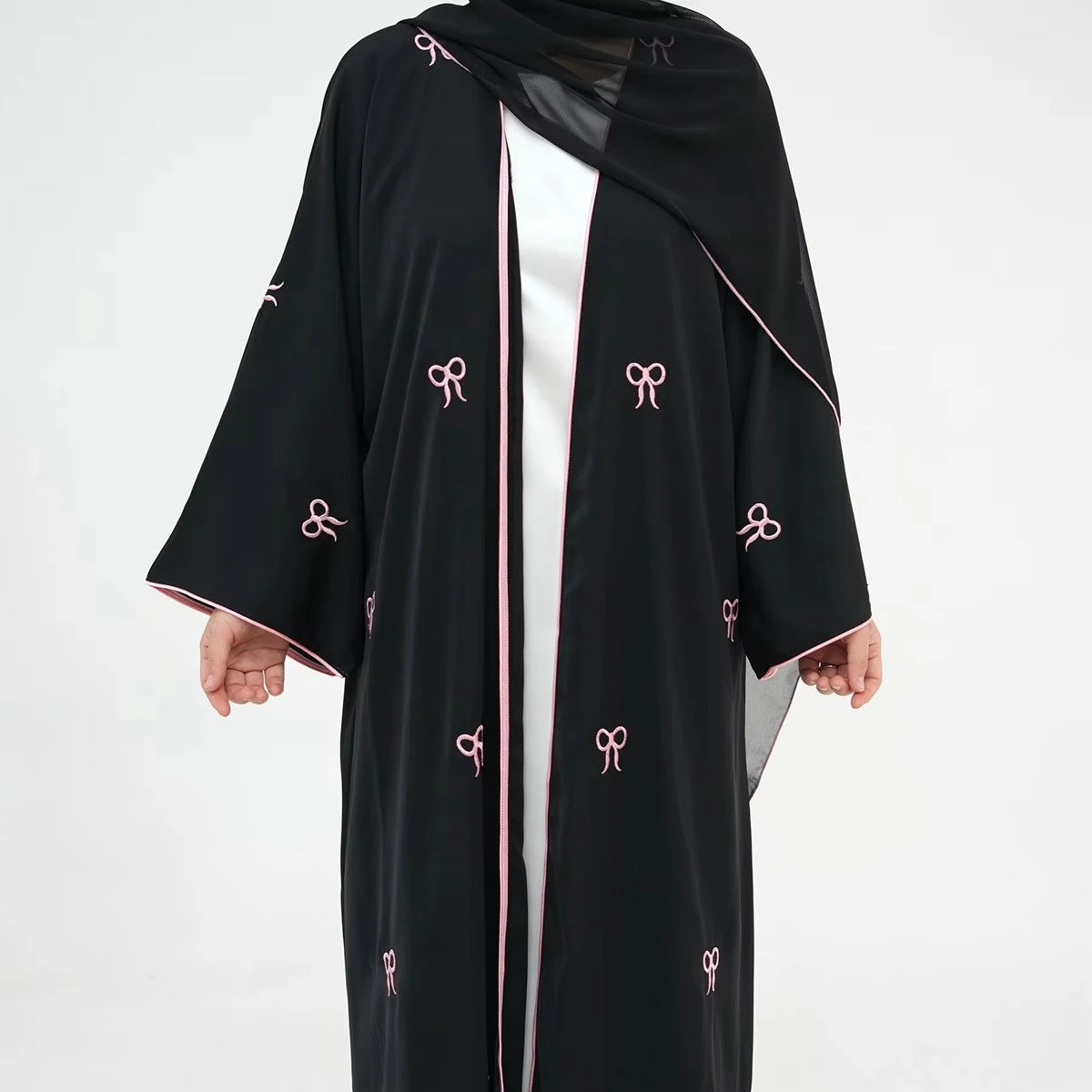 Elegant Bow Embroidery Nida Cardigan Open Abaya Dress #241910 - Perfect for Muslim Women, Prayer, Modest Fashion & Special Occasions