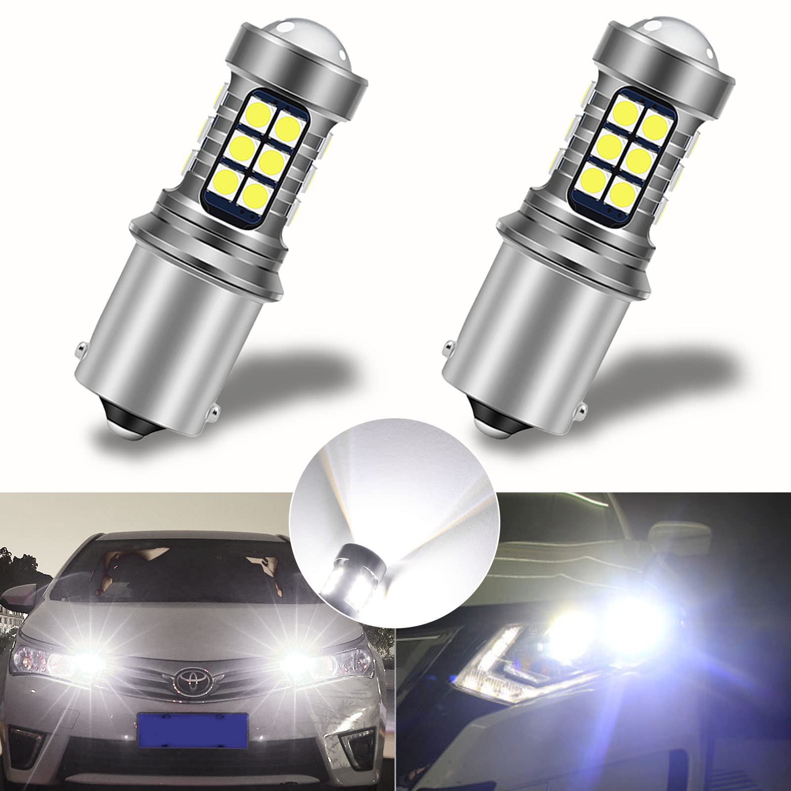 Super Bright 2600 Lumens 1156 LED Bulbs (2-Pack) - BA15S P21W 7506 Projector Replacement Bulbs for Turn Signal & Tail Lights - 3030 27-SMD 6000K White - Perfect for Cars, Trucks, Motorcycles & Marine Vehicles