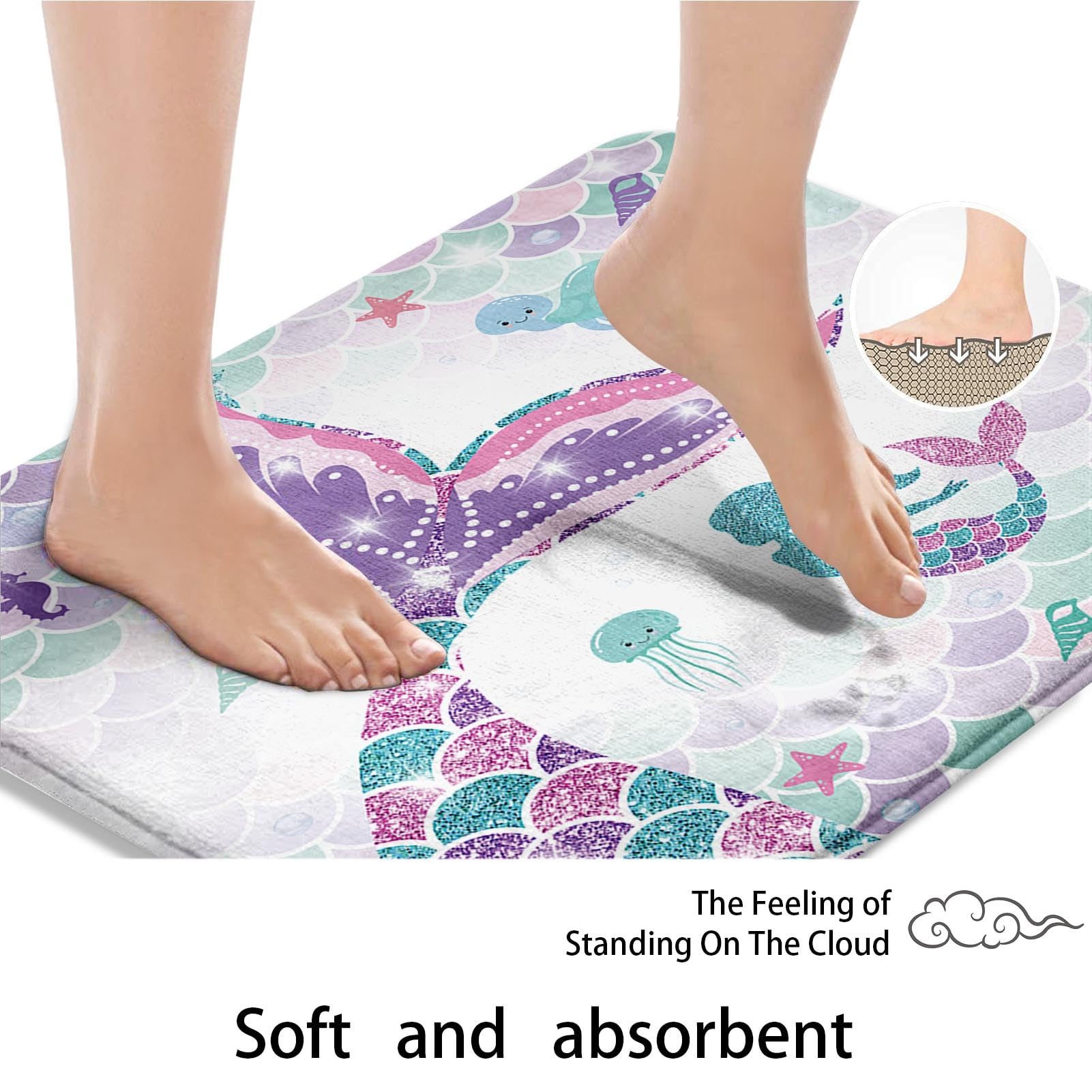 ArtSocket Pink Mermaid Tail Bathroom Set - 4 Piece Shower Curtain with Matching Rugs, Sea Turtle & Seahorse Design | Coastal Themed Bathroom Decor for Kids & Teens | Perfect for Beach House, Summer Vacation or Mermaid Lover's Bathroom
