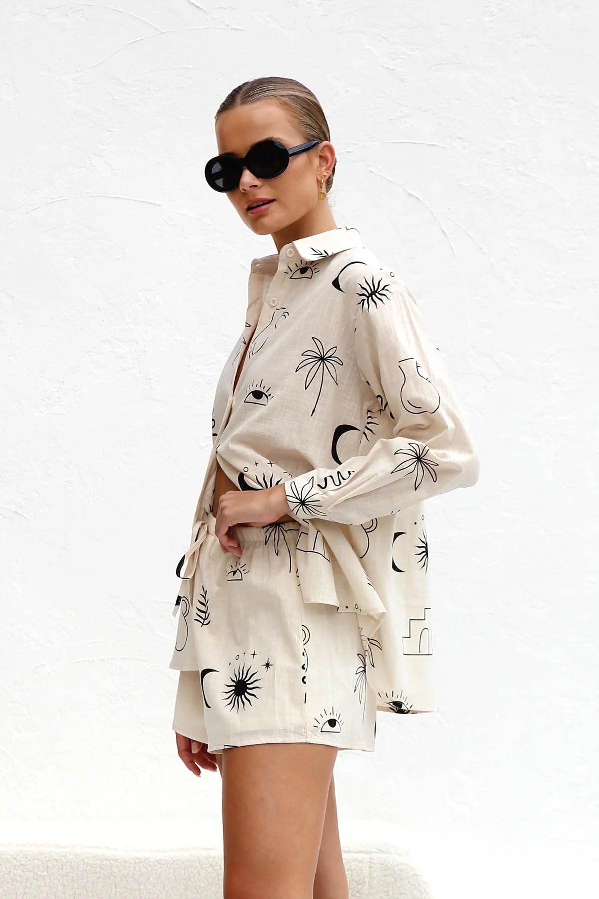 THLAI Women's 2-Piece Lounge Set - Long Sleeve Printed Shirt & Casual Shorts | Comfy Tracksuit for Home, Travel & Hawaii Vacation Outfits | Soft Matching Pajama Set for Women
