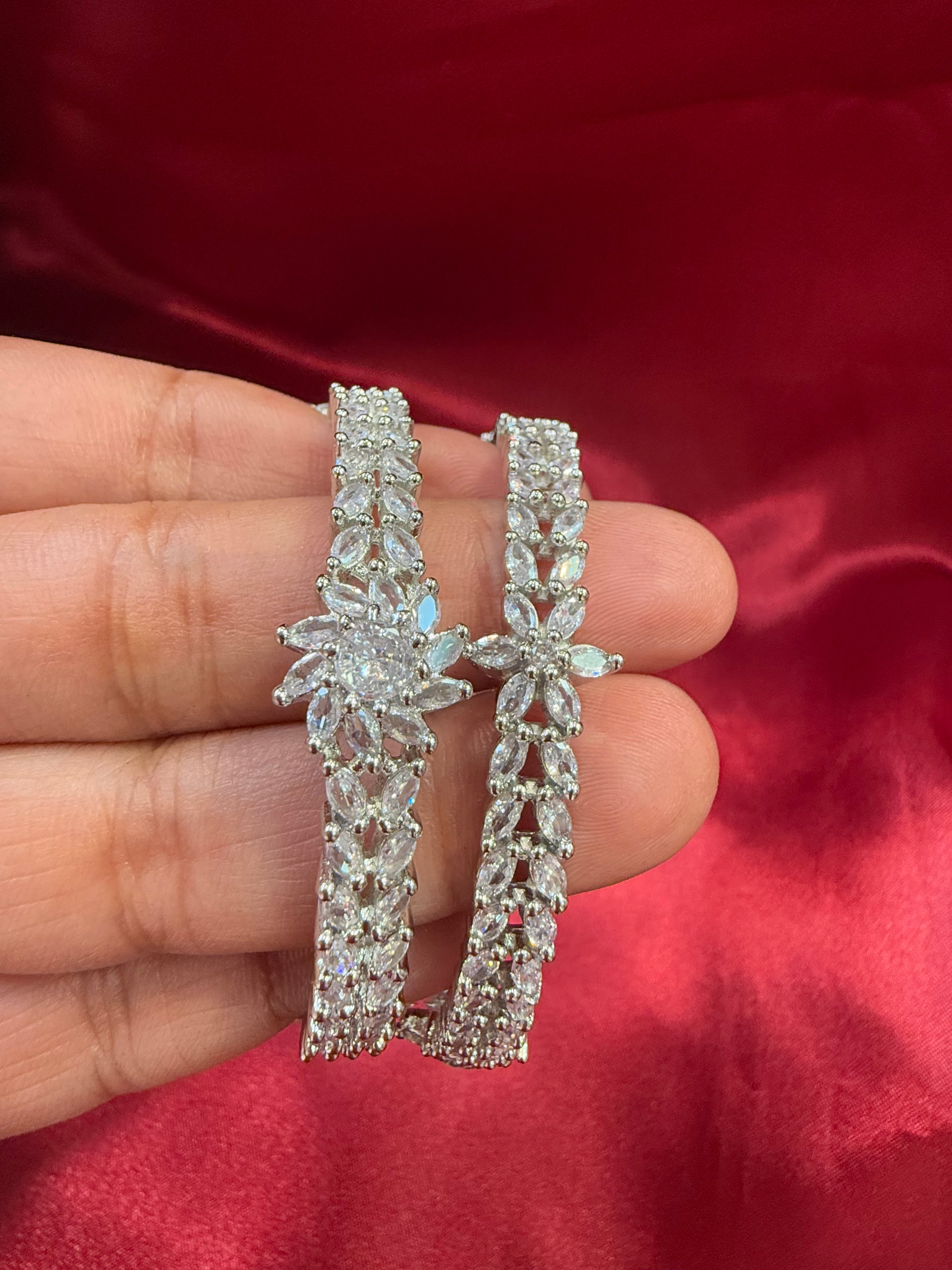 Elegant White Flower Design American Diamond Bangle Set for Women - Perfect for Weddings, Parties & Special Occasions