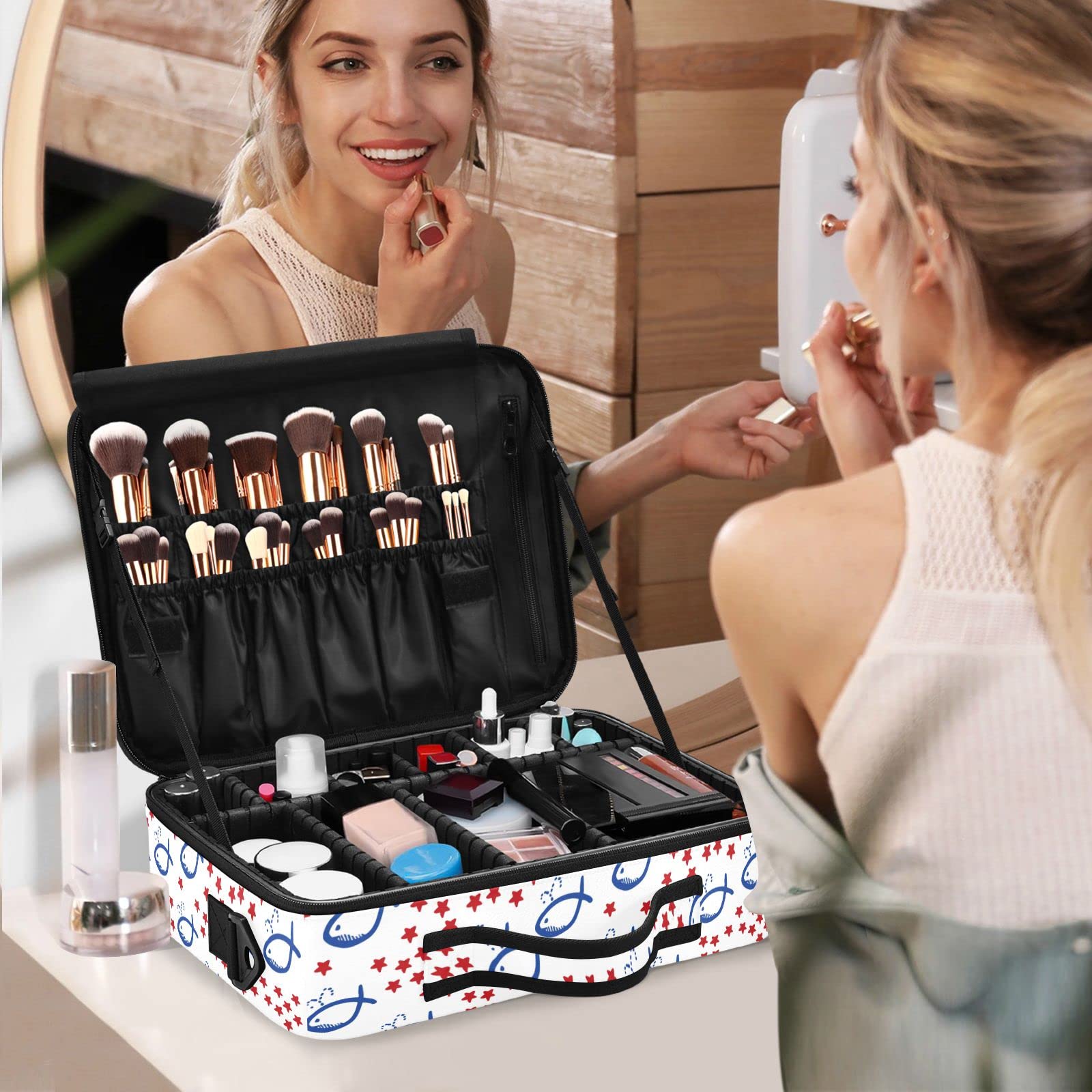 Moyyo Red Star White Travel Makeup Bag for Women - Professional Cosmetic Organizer Case, Portable Makeup Train Case & Artist Storage Bag - Perfect for Travel, Salon, and Daily Makeup Organization