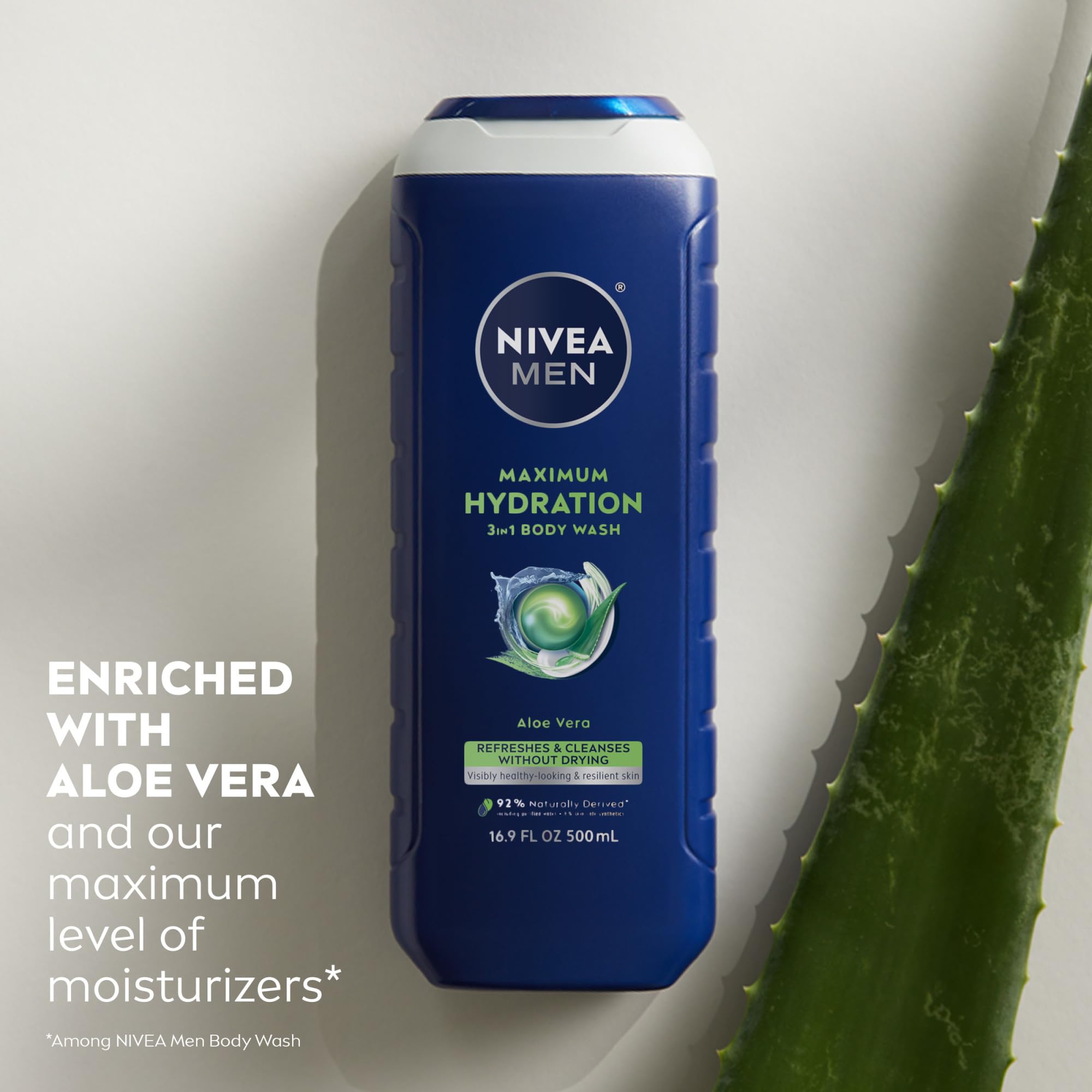 NIVEA MEN Maximum Hydration 3-in-1 Body Wash for Dry Skin with Aloe Vera - Face, Hair & Body Moisturizer - Paraben Free & Vegan Formula - 16.9 Fl Oz (Pack of 3) - Ideal for Gym, Travel & Daily Shower Routine