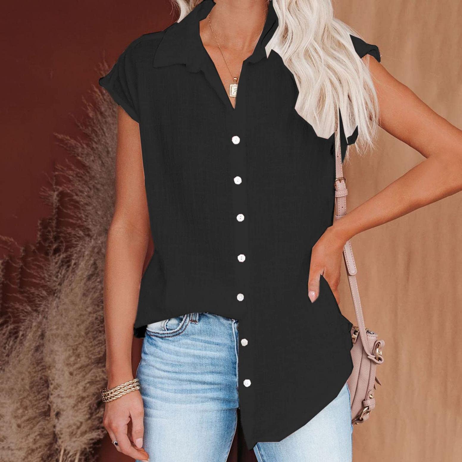 Women's Short Sleeve Button Down Shirt - Casual Cotton Linen Blouse for Summer, Loose Fit Solid Color Tee Top | Perfect for Office, Travel & Everyday Wear