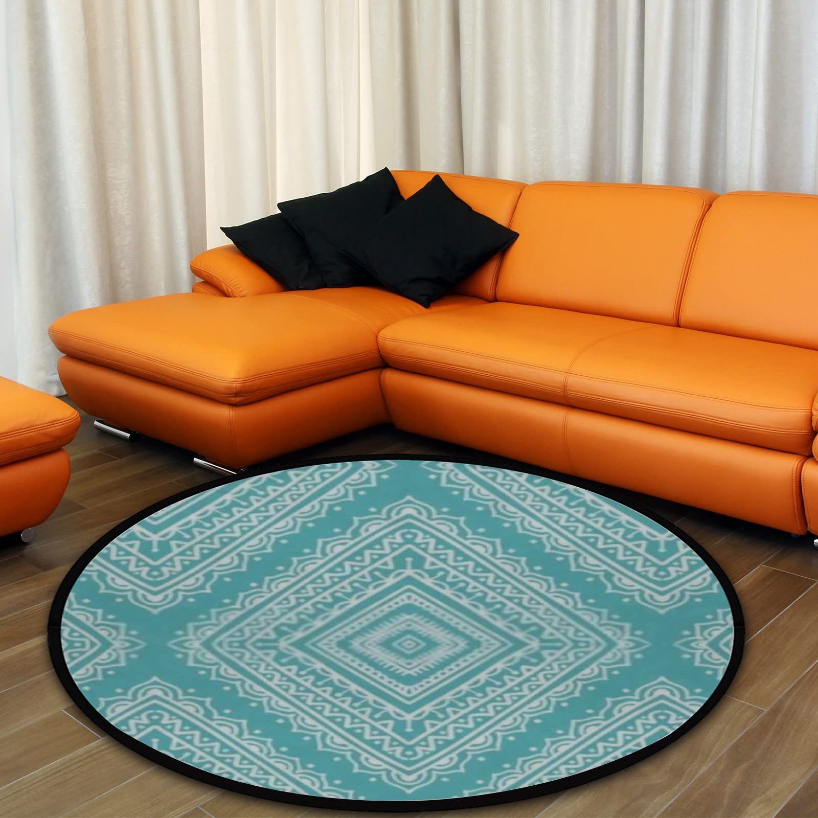 3 Ft Round Area Rug - Ethnic Tribal Rhombus Design Non-Slip Accent Carpet for Bedroom, Living Room, Dining Room & Study | Soft Floor Mat for Indoor Decor, Laundry Room & Cozy Home Spaces