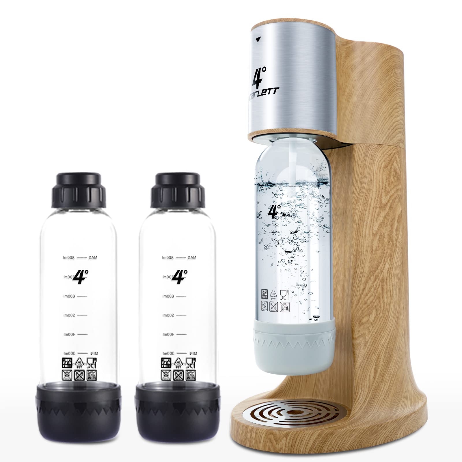 4° Soda Maker Machine - Sparkling Water & Carbonated Drink Maker with BPA-Free Bottle & Cleaning Brush - Compatible with 60L CO2 Cylinder (Not Included) - Wooden Base - Perfect for Home, Office & Party Beverages
