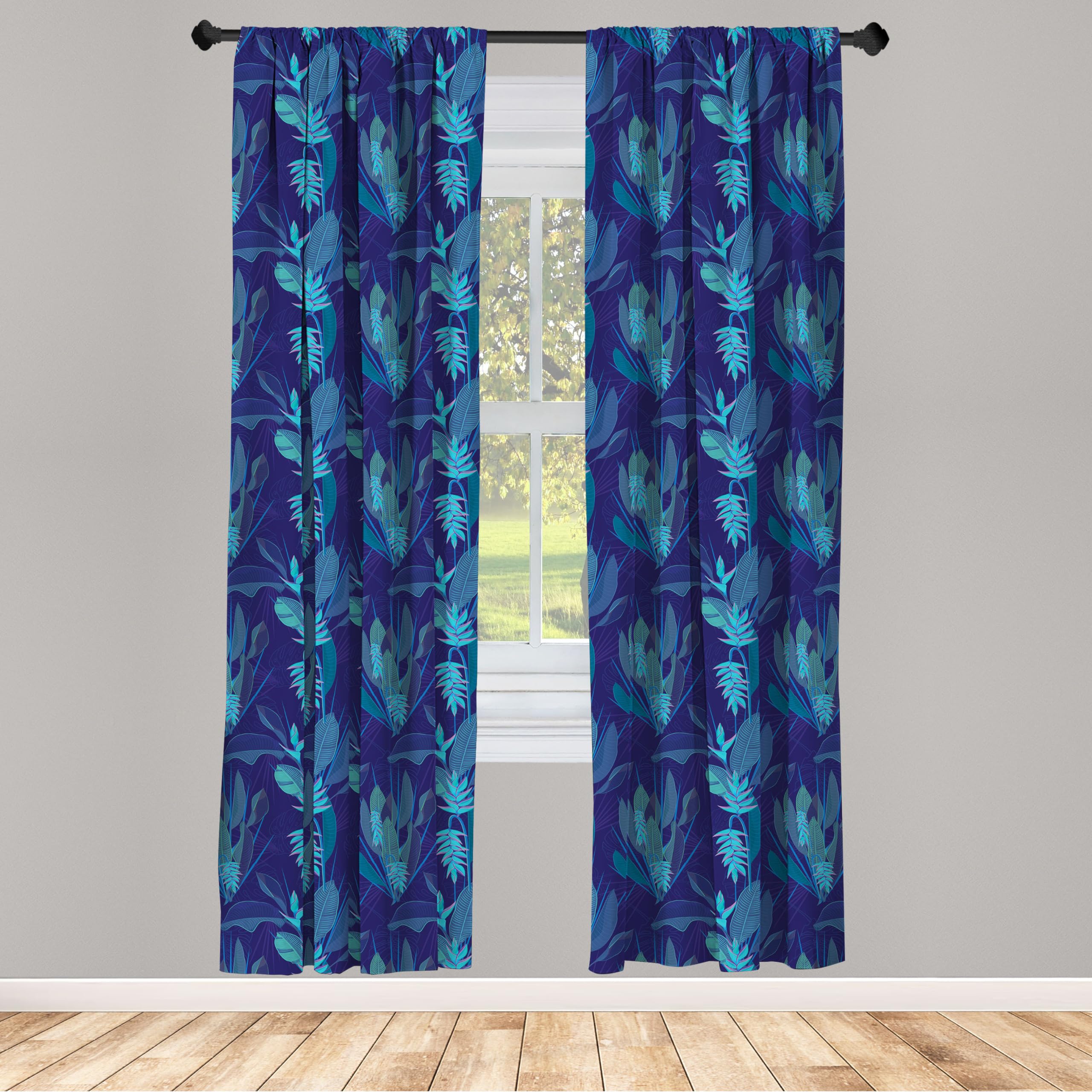Ambesonne Tropical Floral Window Curtains - Blue & Pink Exotic Flower Design with Leaves, Lightweight 2-Panel Set (28