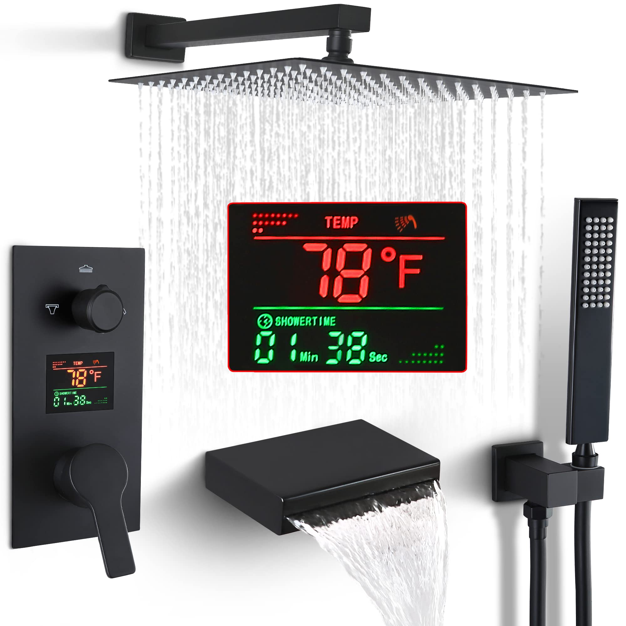 SKWOLL Matte Black Shower Faucet Set - 12 Inch Wall Mounted Rain Shower Head with Digital LCD Display & 3 Function Valve Kit | Modern Bathroom Upgrade for Spa-Like Experience
